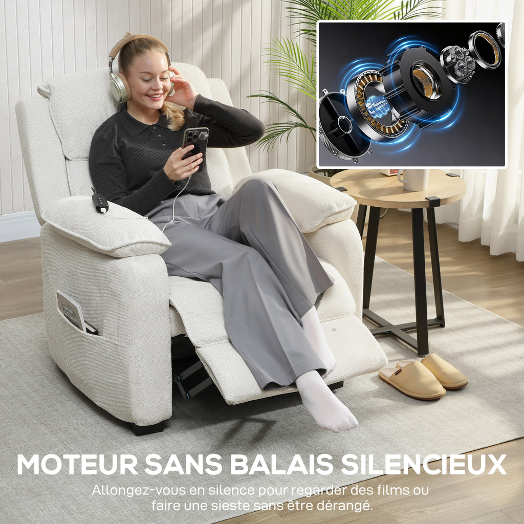 Fauteuil relax électrique fauteuil inclinable port USB repose-pieds poches latérales télécommande 86x90x103cm beige-6