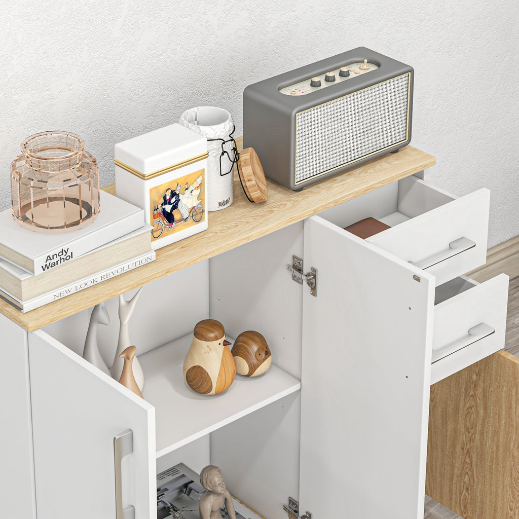 Buffet, meuble de rangement avec 3 portes, 2 tiroirs et étagère réglable, 90 x 30 x 75,5 cm, blanc et bois naturel-7
