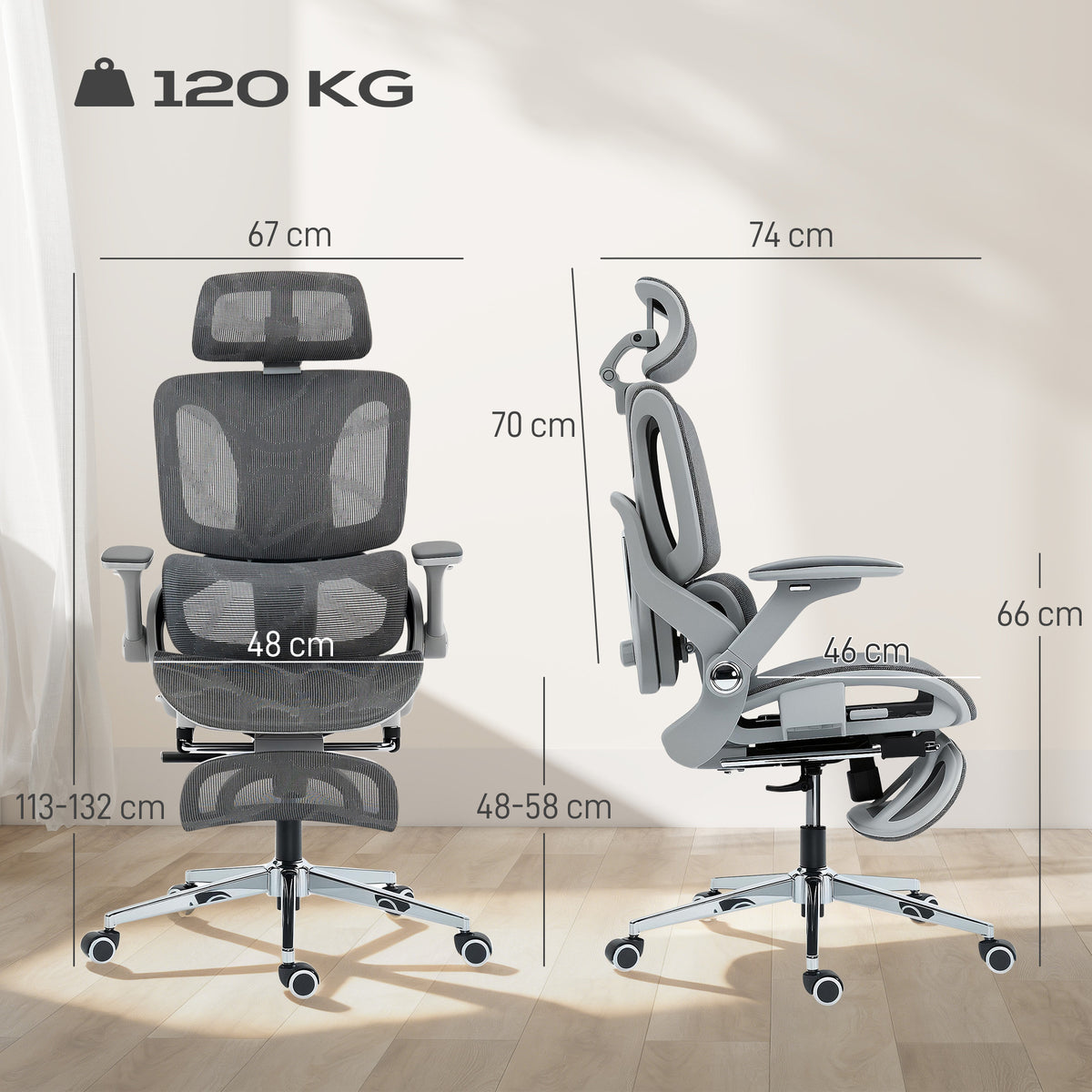 Chaise Bureau Ergonomique avec Accoudoirs 4D Appui-Tête et Profondeur d'Assise Réglables Maille Gris-2