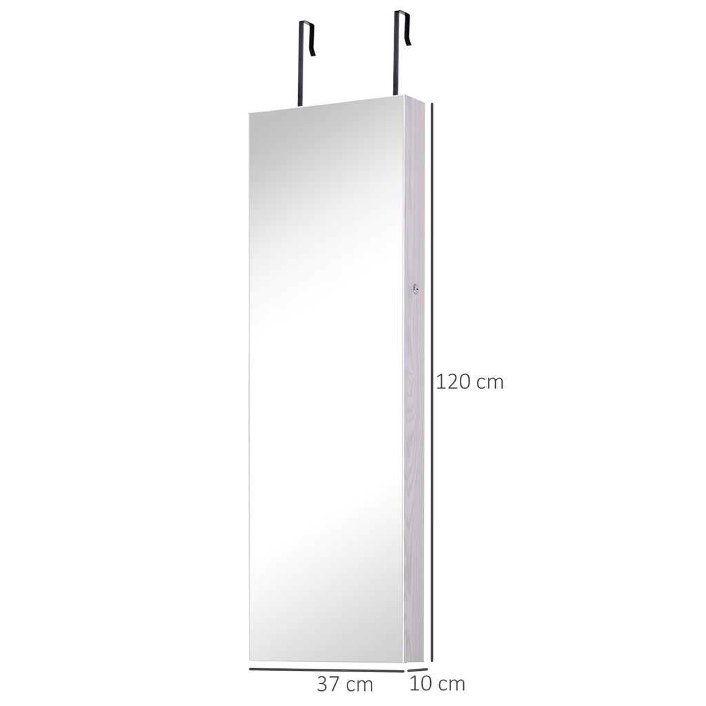 Armoire à bijoux suspendue au mur ou à la porte avec miroir, LED, 5 étagères, 2 tiroirs, 37x10x120cm, effet bois grisé-2