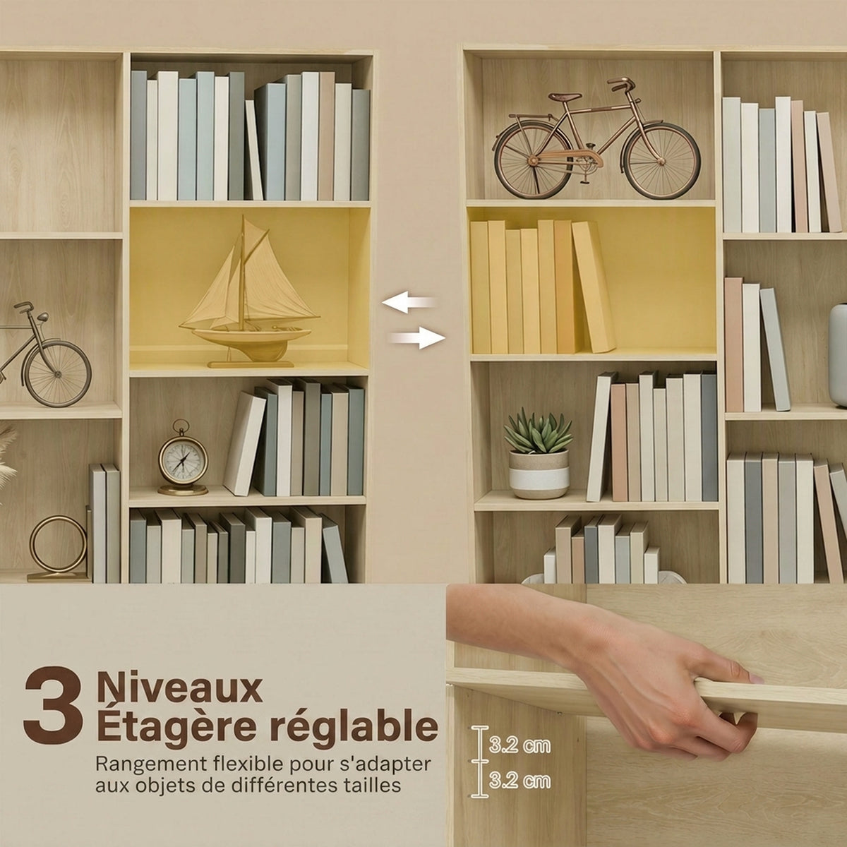 Bibliothèque 6 Niveaux, Étagère de Rangement avec 17 Compartiments et Étagères Réglables, 149 x 23,6 x 188 cm, Chêne-4