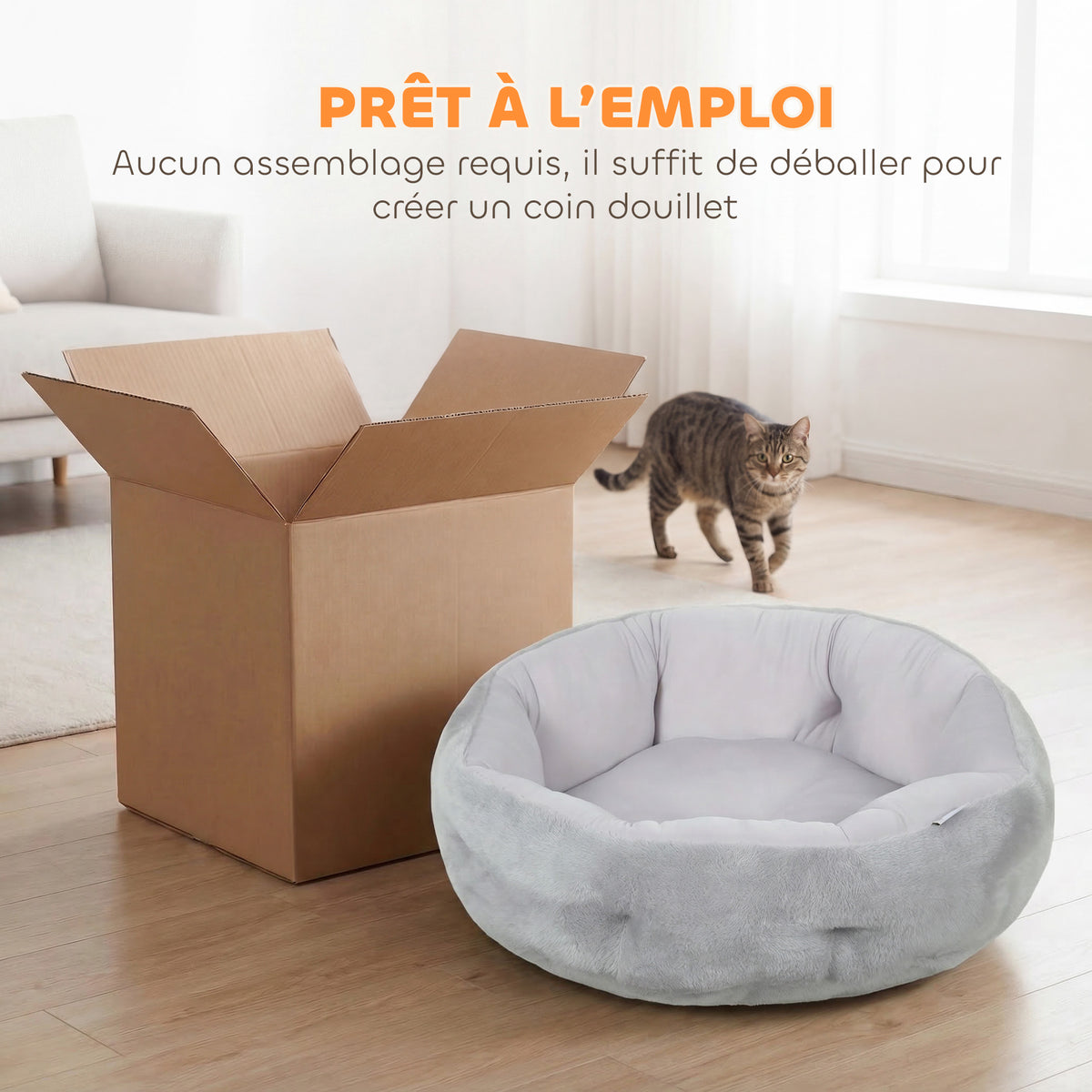 Lit pour chat réversible, lit pour chats d'intérieur et petits chiens, lit rond avec rebord de soutien, gris clair-5