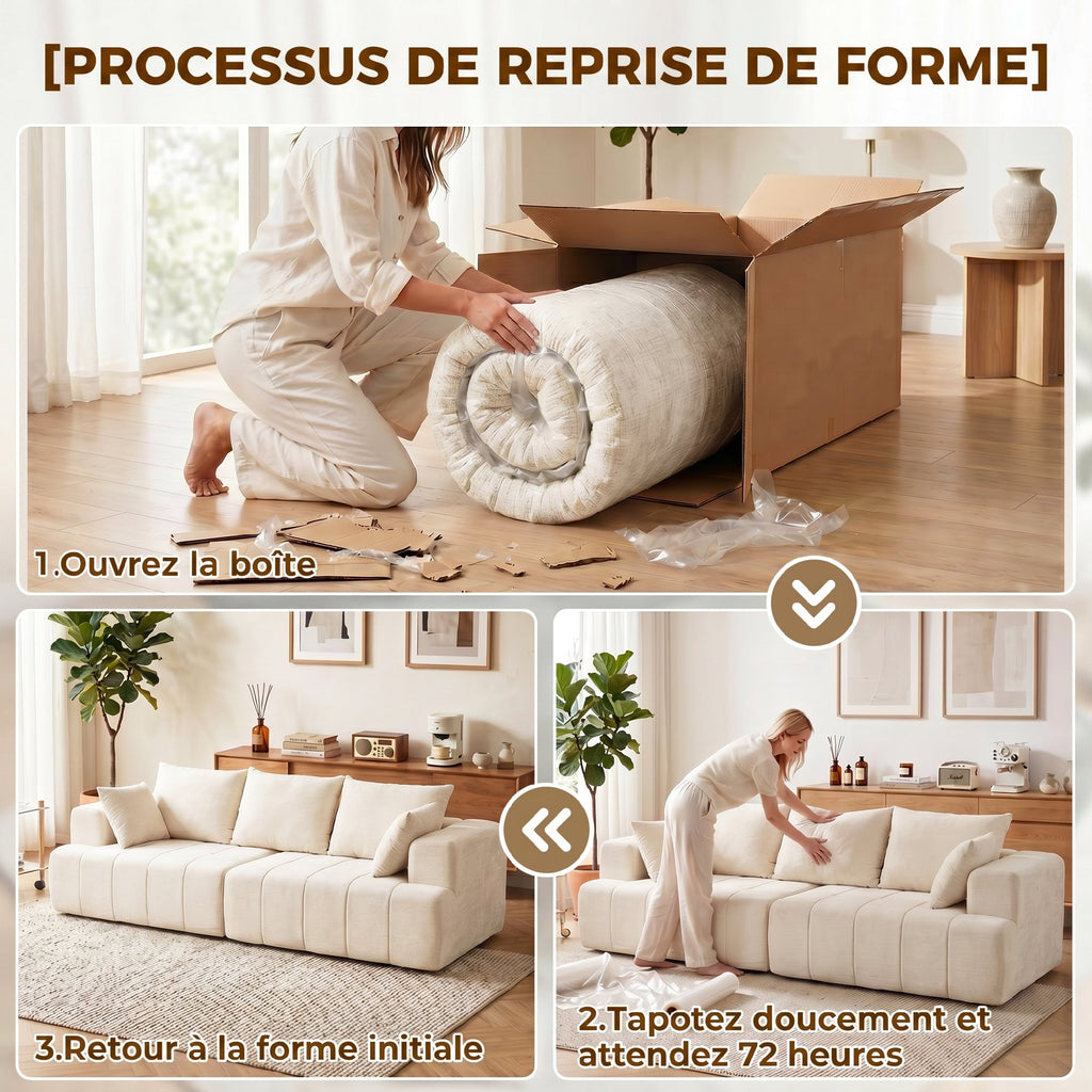 Canapé 3 places en chenille 248 cm, canapé salon moderne, large assise rembourrée, coussins à ressorts, beige-6