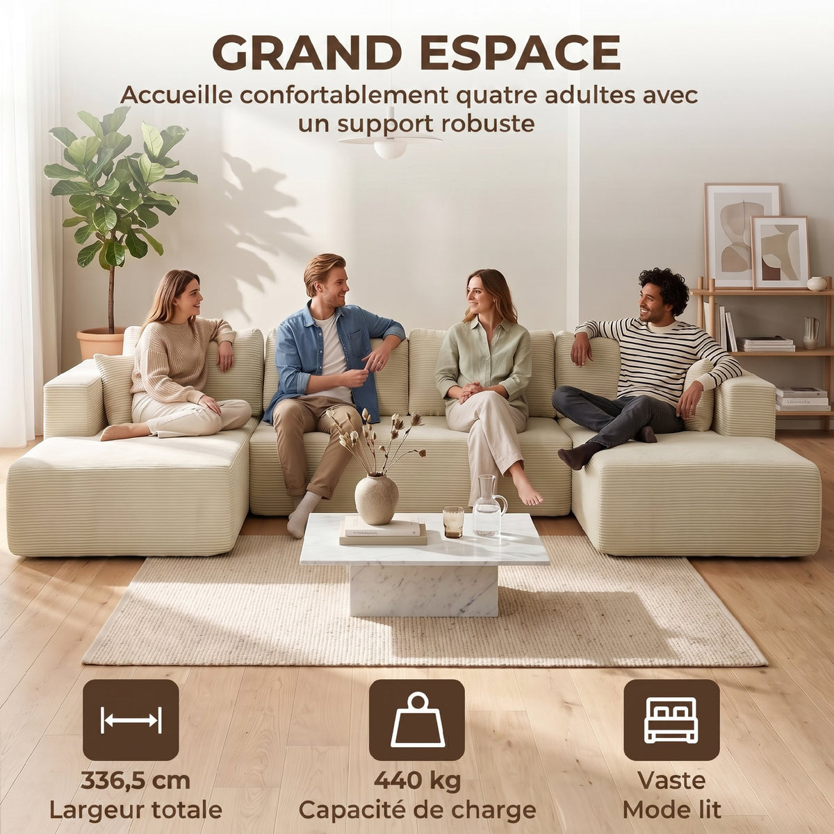Canapé Modulaire en U Compressé 337 cm, Canapé Convertible 4 places en Velours Côtelé, Assise Large, Crème-5