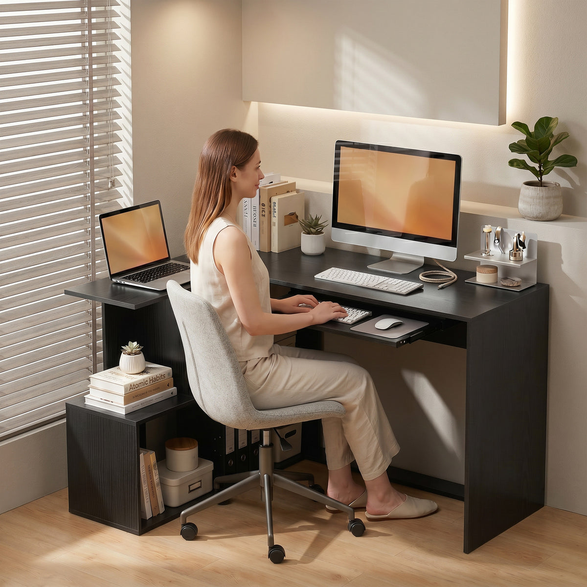 Bureau d'Angle, 120 x 100 x 76 cm, Bureau Informatique en L avec Plateau de Clavier, 4 Compartiments Ouverts, Noir-7