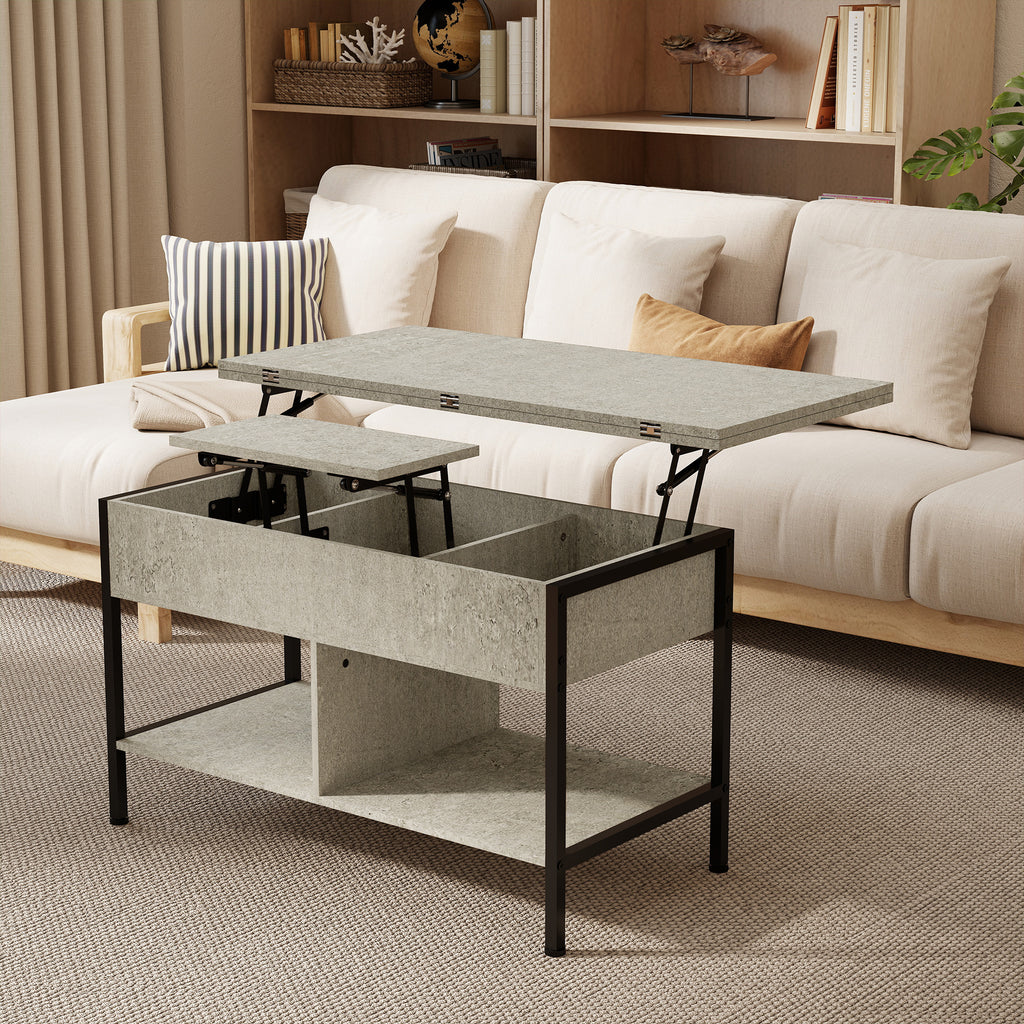 Table basse relevable et extensible, table de salon avec compartiment caché étagères ouvertes, 98x49x55cm, gris-1