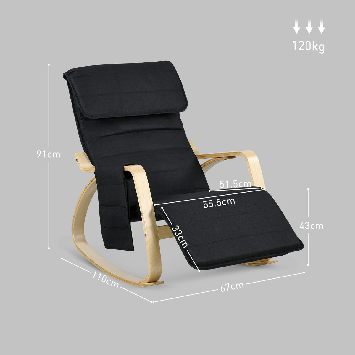 Fauteuil relax à bascule fauteuil allaitement avec repose-pieds réglable, poche latérale et appui-tête, noir-2