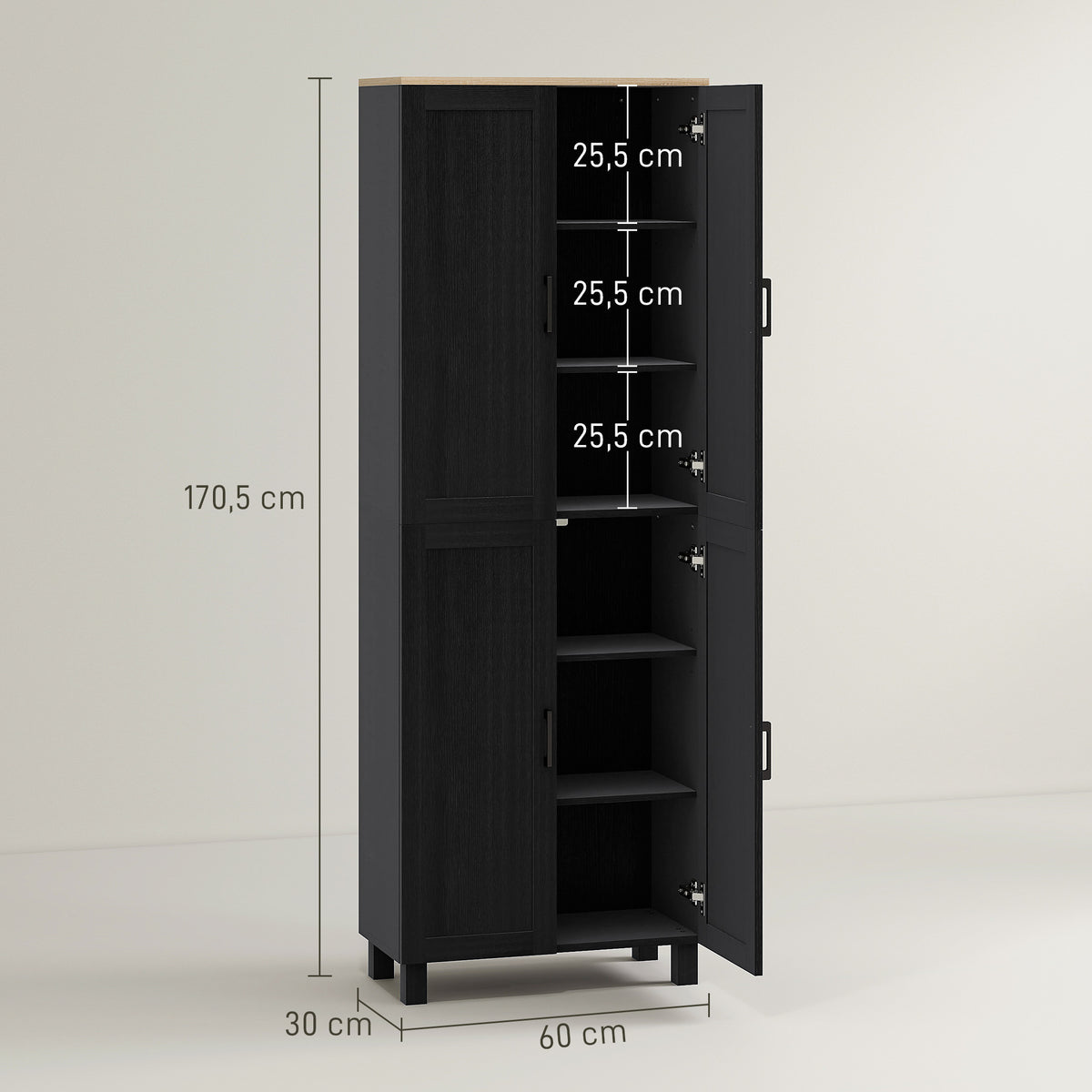 Armoire de cuisine hauteur 170 cm buffet haut avec 4 portes et étagères ajustable, design moderne, noir-2