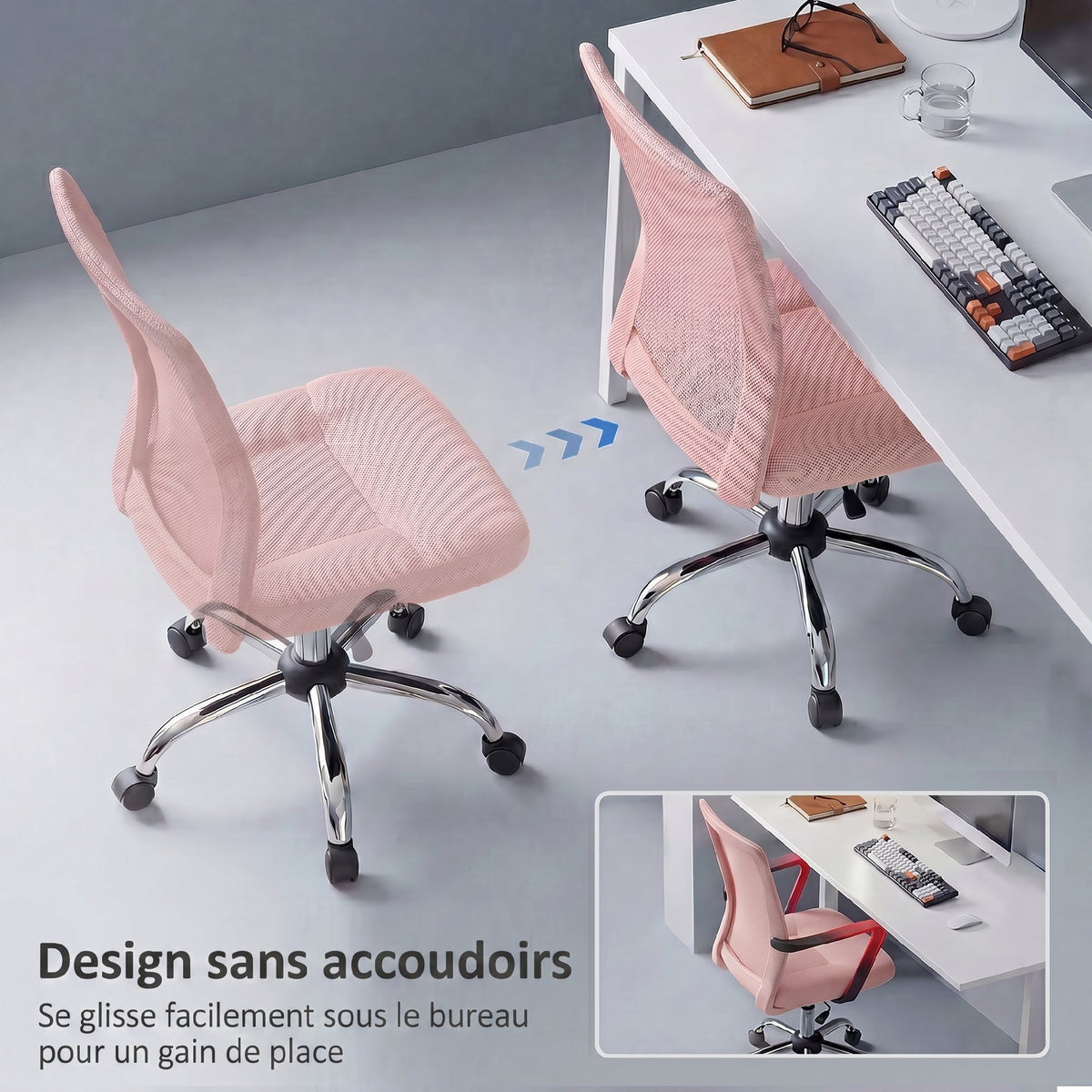 Chaise de bureau ergonomique hauteur réglable piètement chromé pivotant 360° revêtement maille rose-6