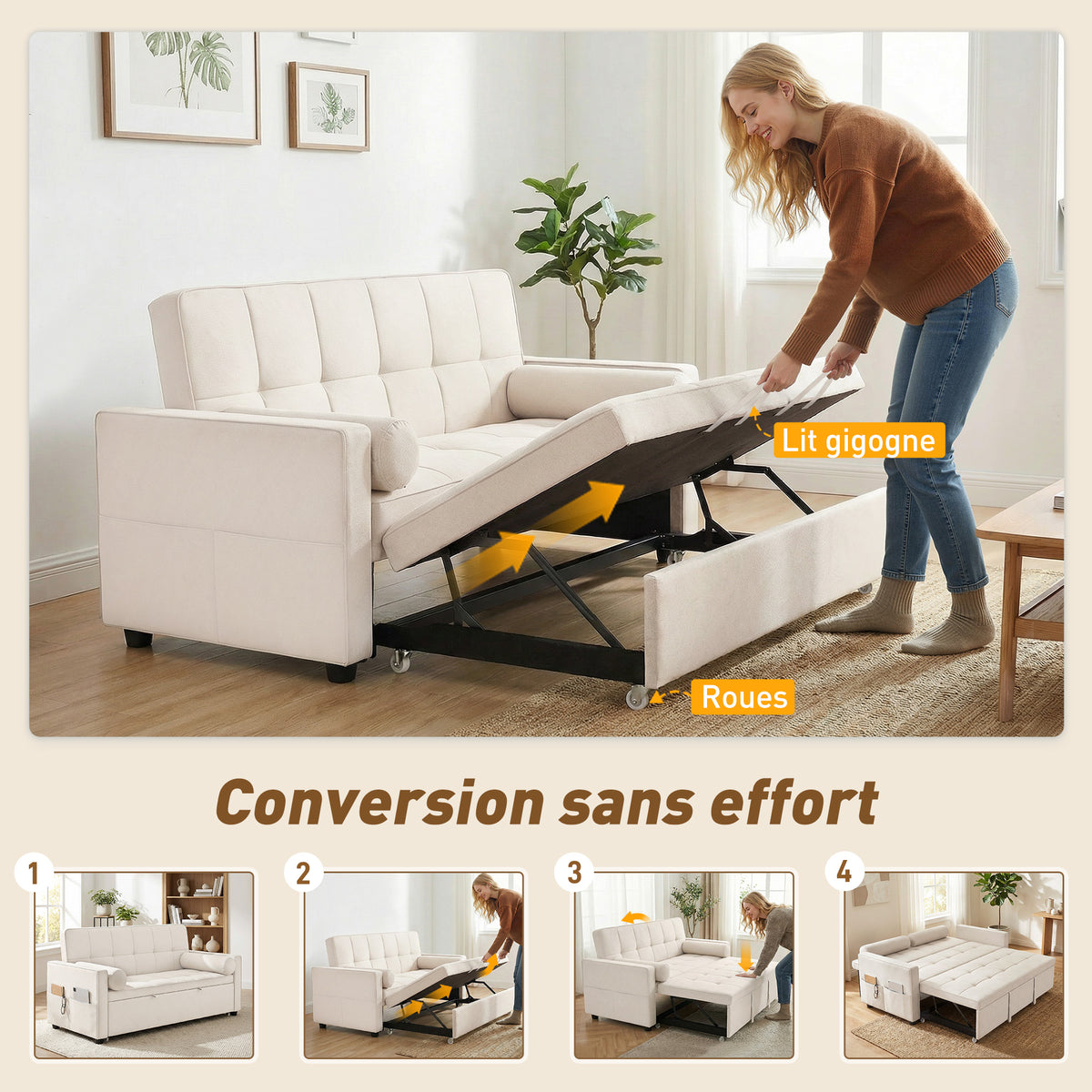 Canapé convertible 2 places 3 en 1 canapé-lit avec lit gigogne double dossier réglable 2 coussins 80,5x137,5x84cm beige-3
