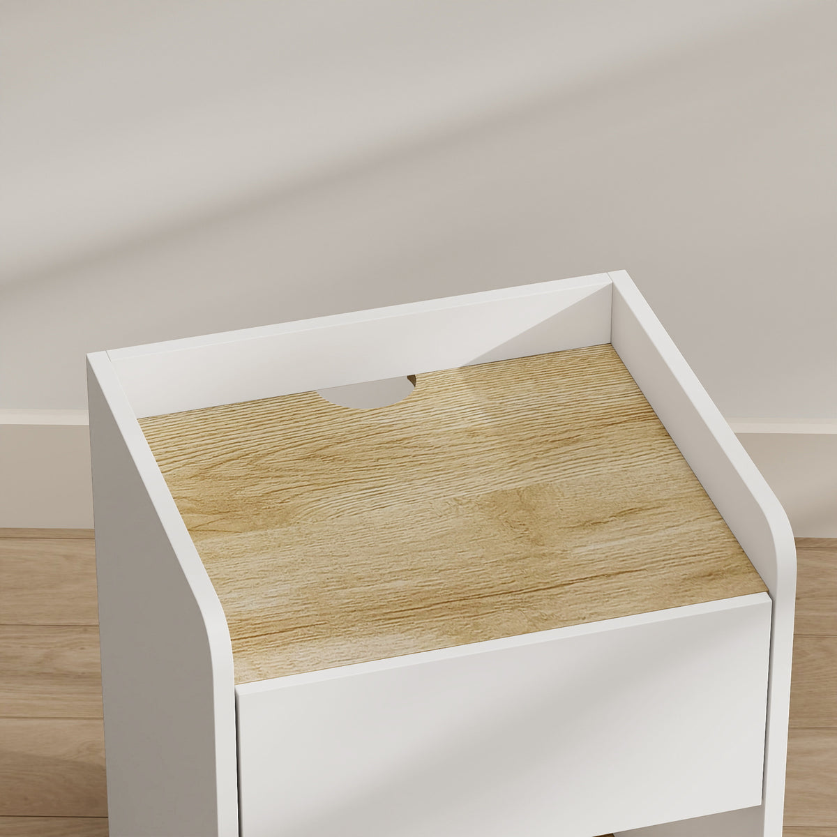 Table de Chevet Moderne, Table de Nuit avec Tiroir à Glissières, Niche, Plateau, Passe-câbles, 42x37x55cm, Blanc Chêne-9