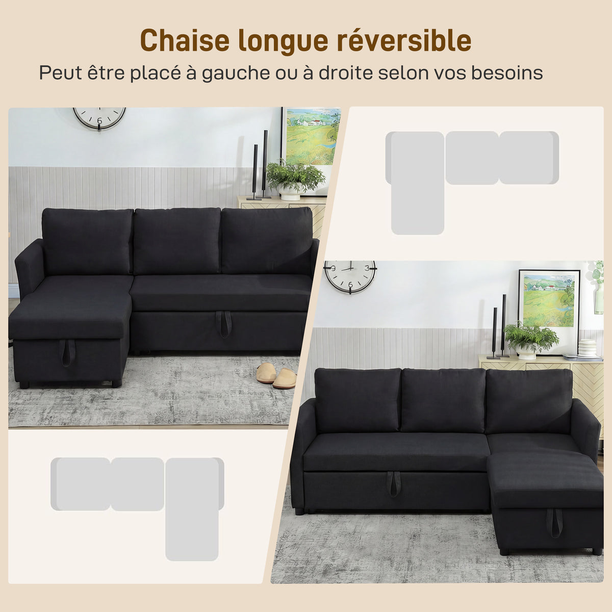 Canapé d'Angle Convertible, Canapé-Lit 3 Places 192 cm avec Méridienne Réversible, Rangement Caché, Gris Anthracite-4