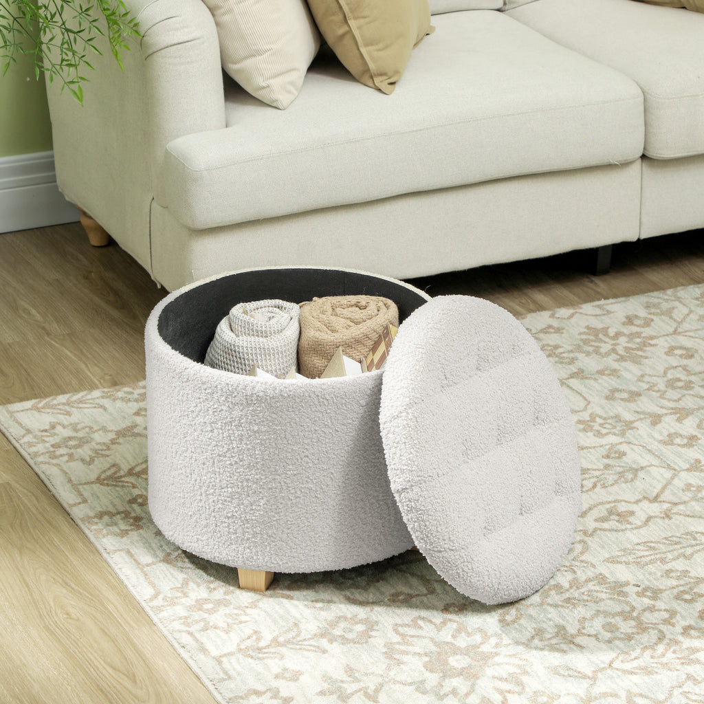 Pouf coffre rangement, tabouret rond, pouf repose-pieds en tissu bouclette, charge 120 Kg, Ø 45 x 41 cm, blanc-6