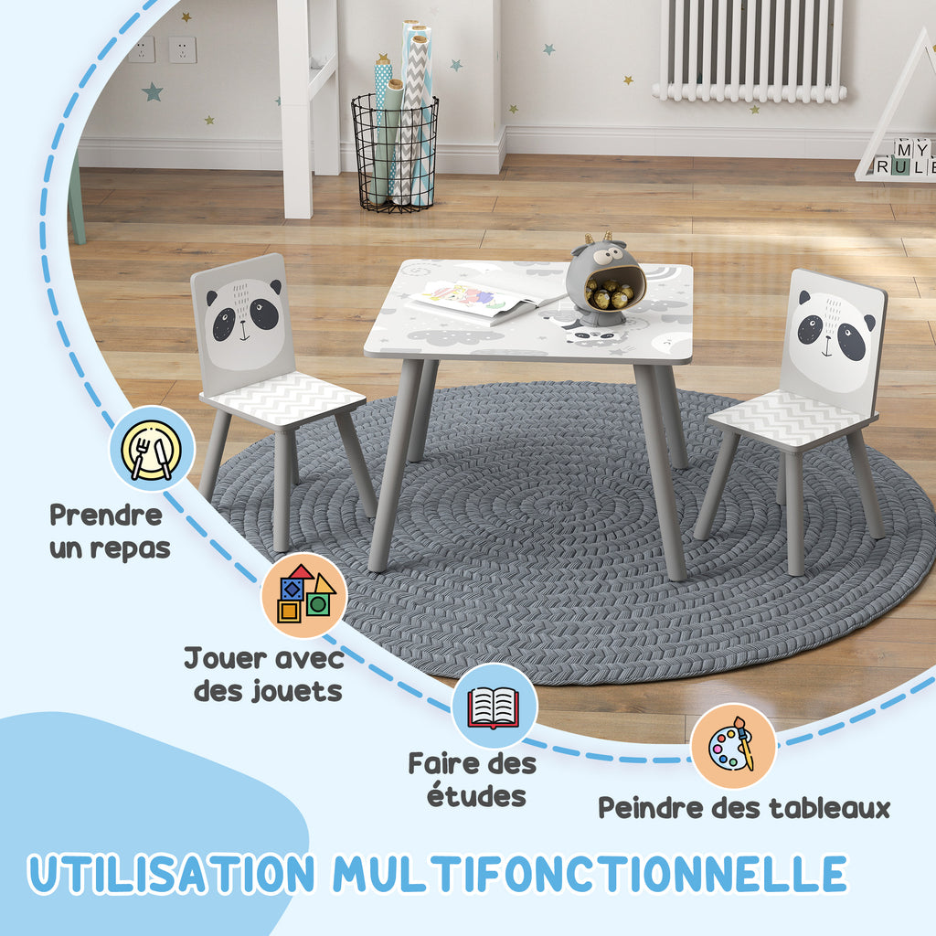 Ensemble table et chaises pour enfants, table pour enfant avec 2 chaises, motif animaux pour chambre à coucher gris-3