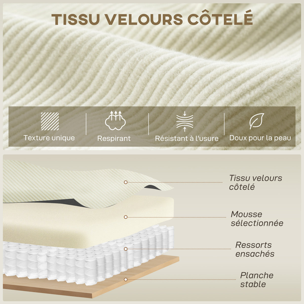 Canapé d'angle réversible 3 places moderne avec coussins inclus, tissu velours côtelé, crème-4