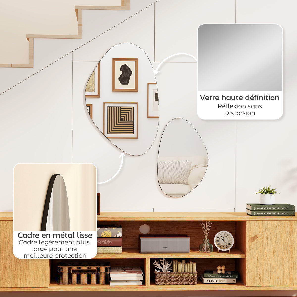 Lot de 2 miroirs muraux, miroirs décoratifs irréguliers en forme de galet, cadre en métal, 70 x 46 cm/49,5 x 31 cm, noir-5