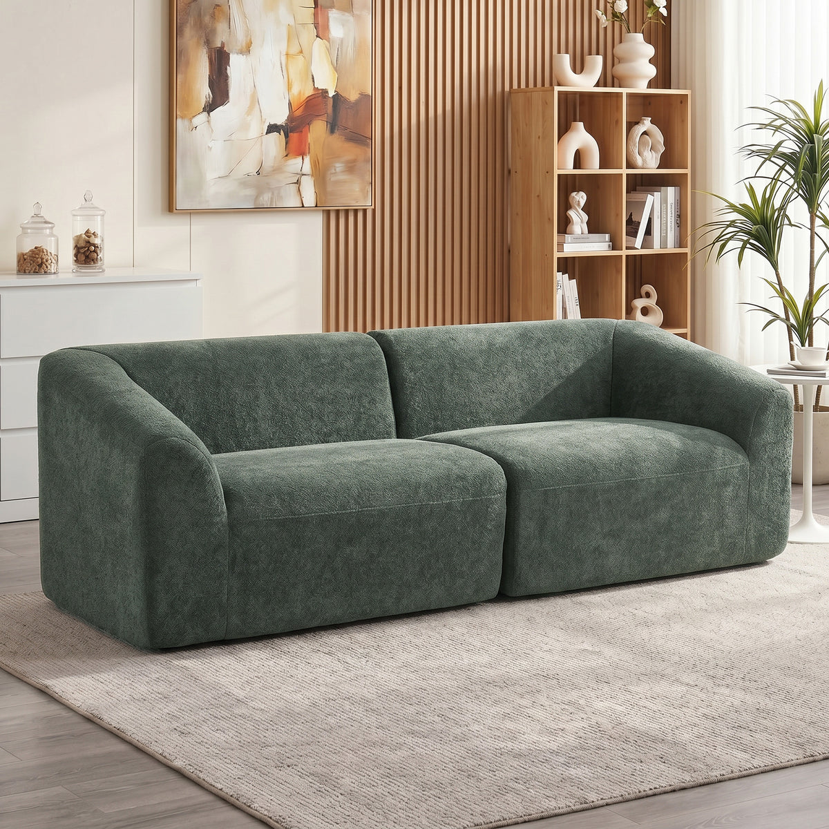 Canapé 3 places en chenille 225 cm, canapé salon rembourré moderne avec assise large, coussin à ressorts, vert foncé-1