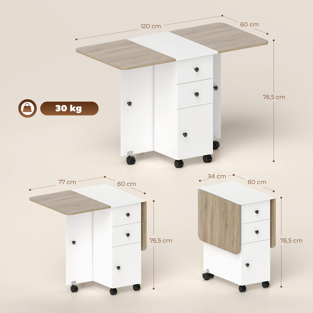 Table de cuisine pliable table à manger pliante 2 plateaux rabattables avec 2 tiroirs 1 placard blanc et chêne-2