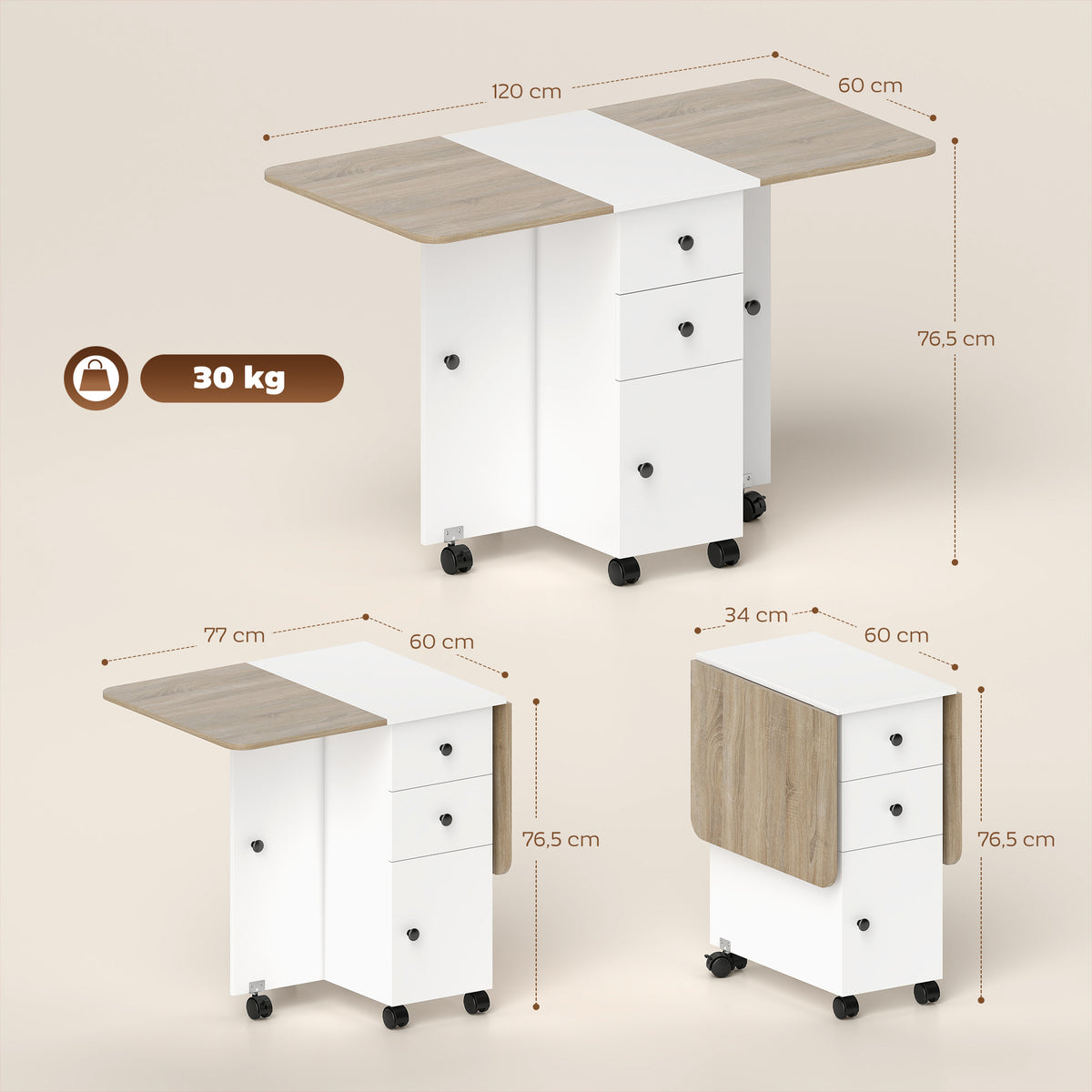 Table de cuisine pliable table à manger pliante 2 plateaux rabattables avec 2 tiroirs 1 placard blanc et chêne-2