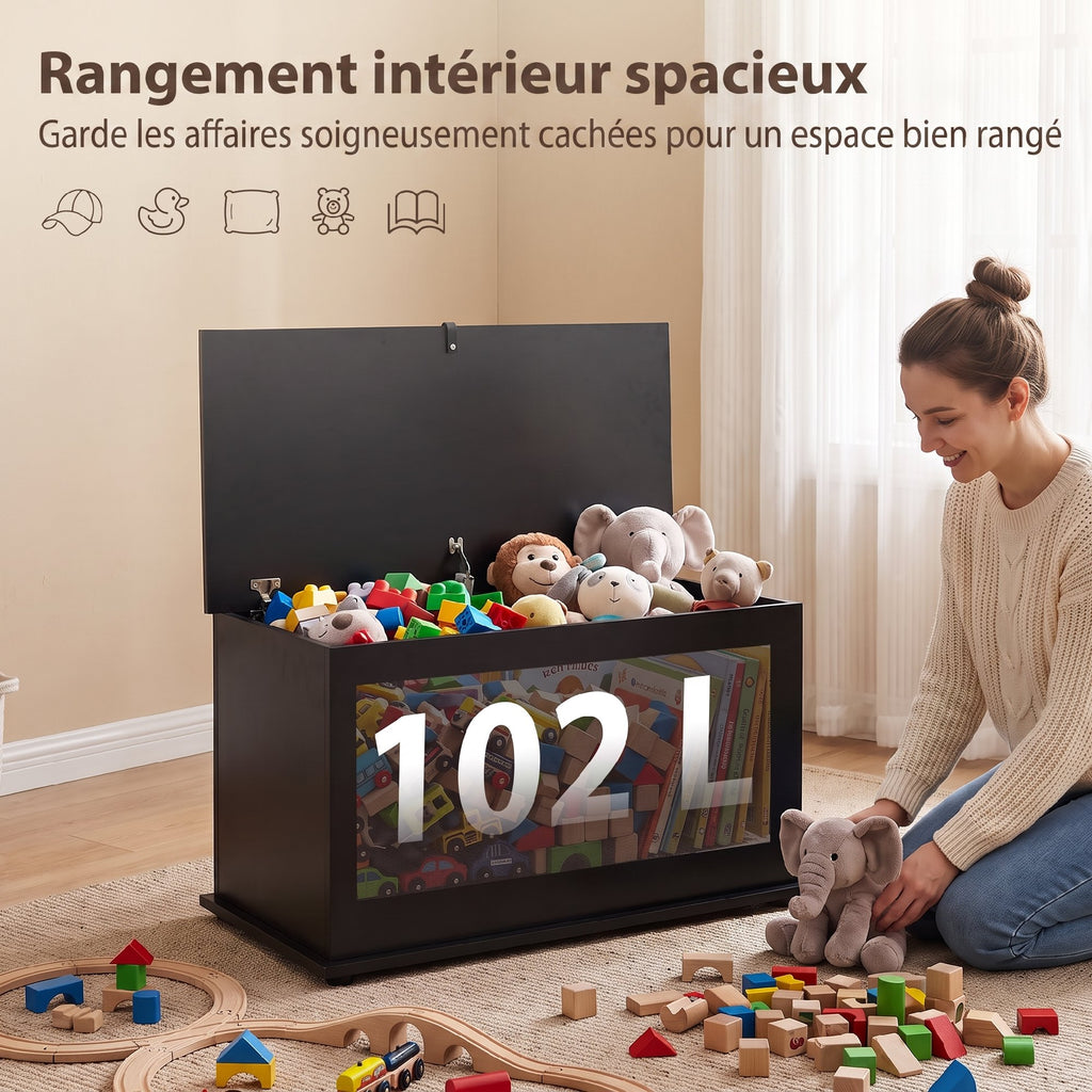 Coffre de Rangement, Banc de Rangement avec Couvercle Rabattable et Charnières de Sécurité, 80 x 40 x 45 cm, Noir-3