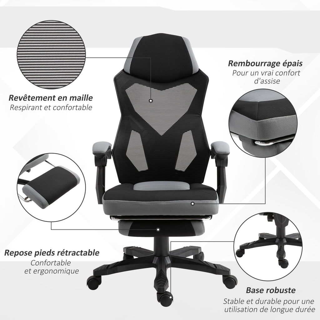 Chaise de bureau fauteuil gaming hauteur réglable dossier roulettes pivotantes repose-pied tissu en maille 58L x 63l x 112-122H cm gris noir-6