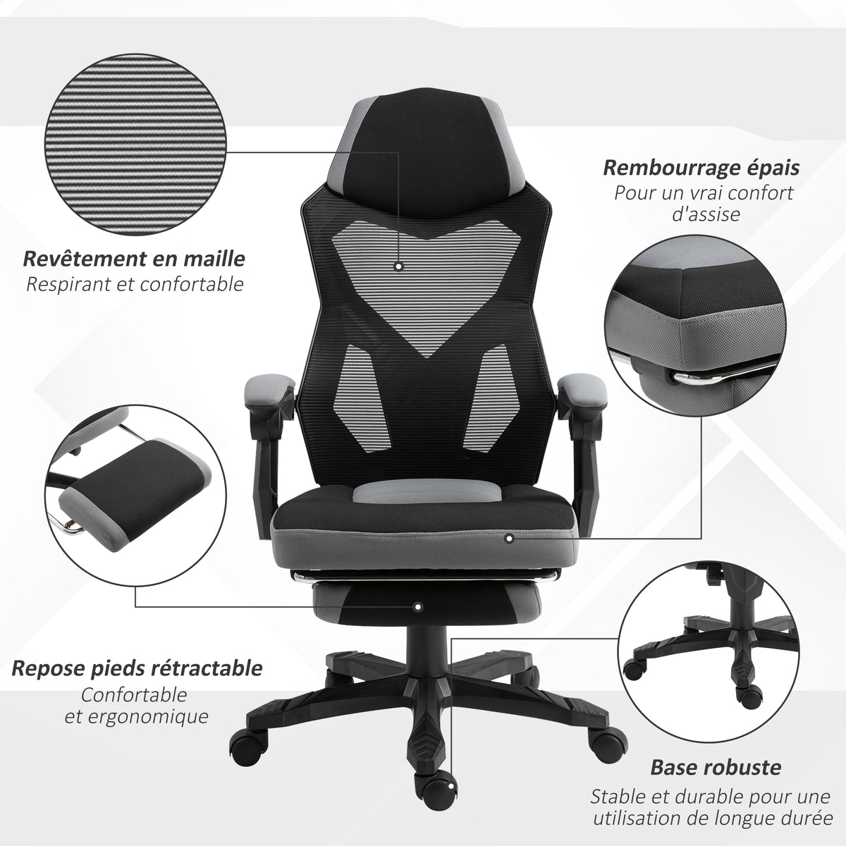 Chaise de bureau fauteuil gaming hauteur réglable dossier roulettes pivotantes repose-pied tissu en maille 58L x 63l x 112-122H cm gris noir-6