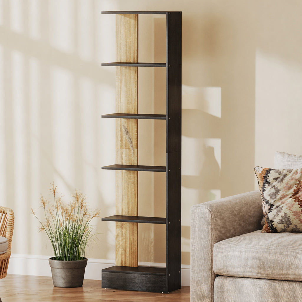 Bibliothèque Étagère de Rangement avec 5 Compartiments Ouverts 45 x 21 x 170 cm Noir et Chêne-1