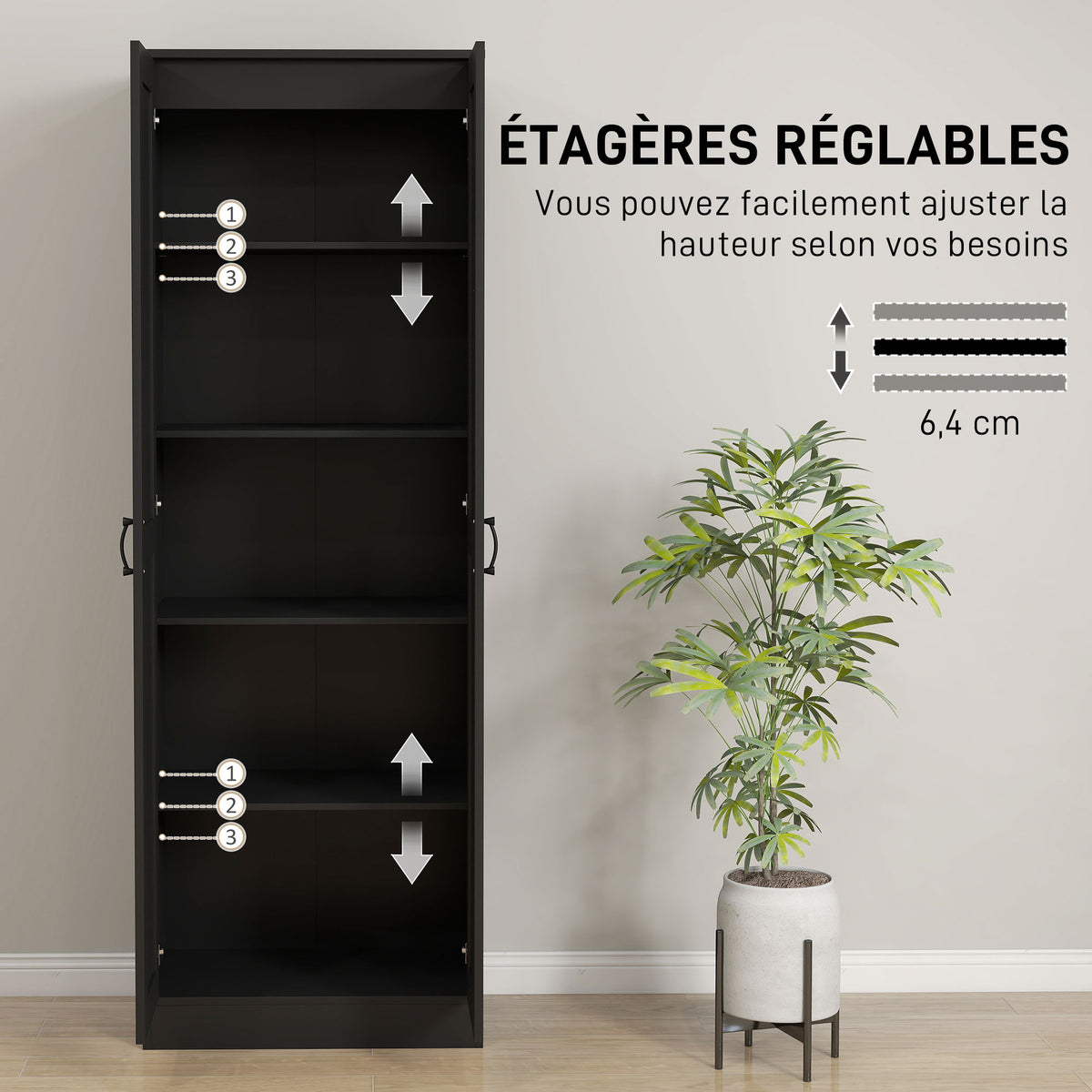 Armoire 2 portes meuble de rangement avec 5 étagères, style contemporain, 60L x 36,5l x 175H noir-5