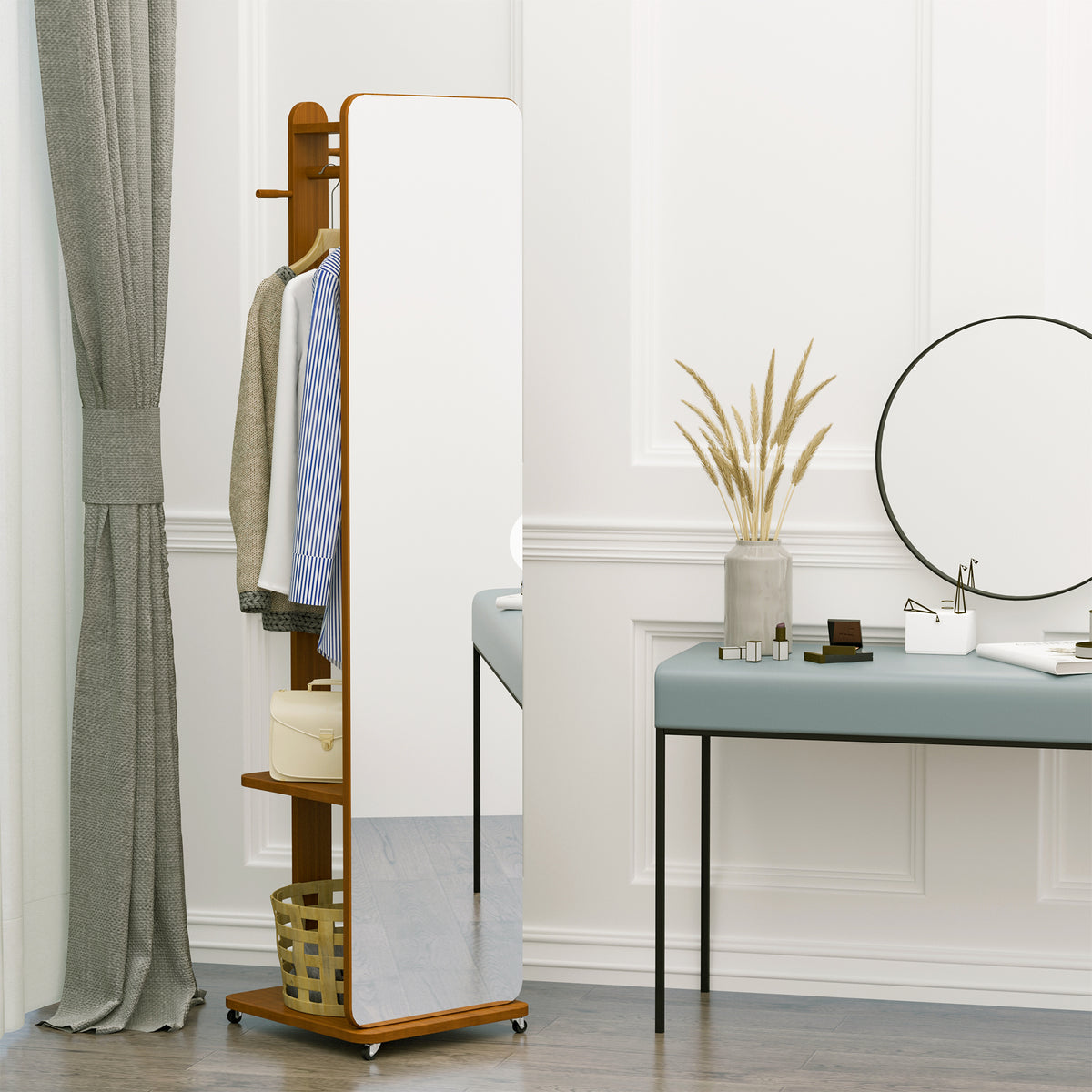 Miroir sur Pied avec roulettes - Portant, 4 patères étagère MDF Aspect Noyer-9