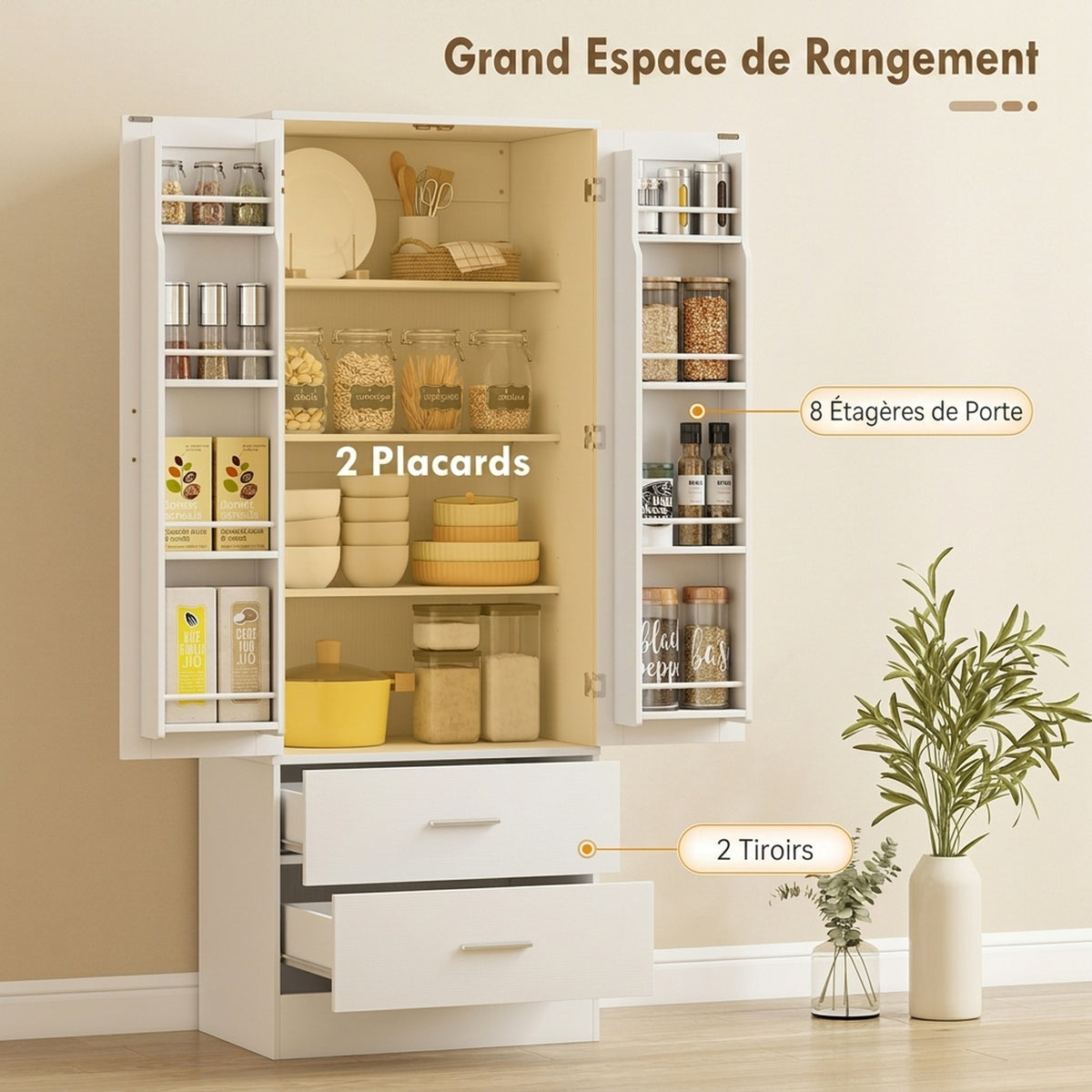 Buffet haut cuisine, armoire de cuisine, 2 portes, 8 porte-épices, 2 tiroirs, étagères réglables, 60x40x159cm, blanc-3