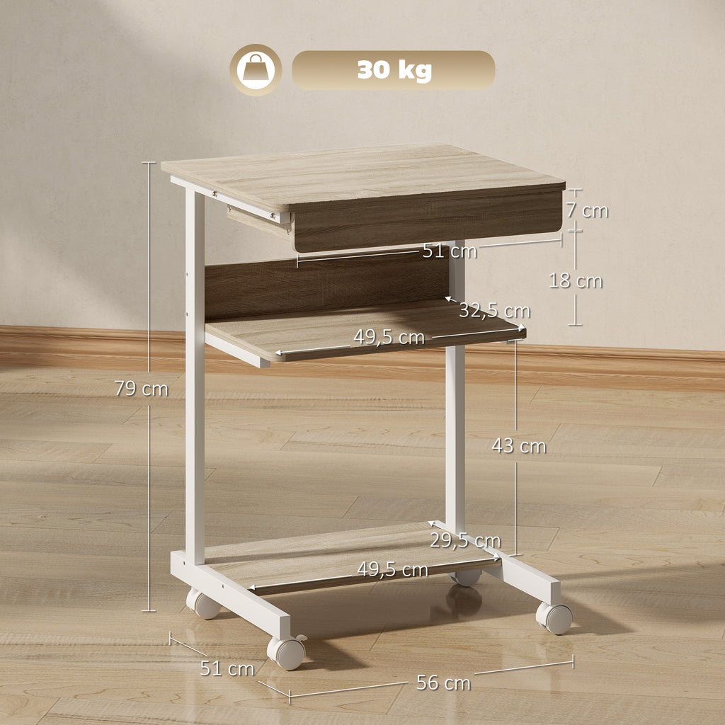 Bureau d'ordinateur sur roues, bureau avec rangement 56 x 51 cm avec tiroir, compartiment et support CPU, chêne-2
