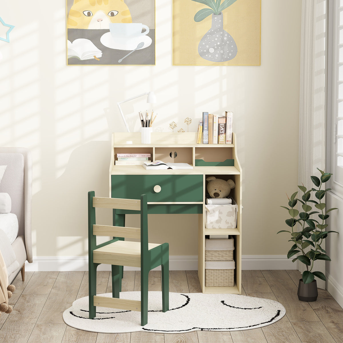 Ensemble bureau et chaise pour enfant avec étagères de rangement et tiroir, mobilier pour enfants de 3 à 10 ans, vert-9