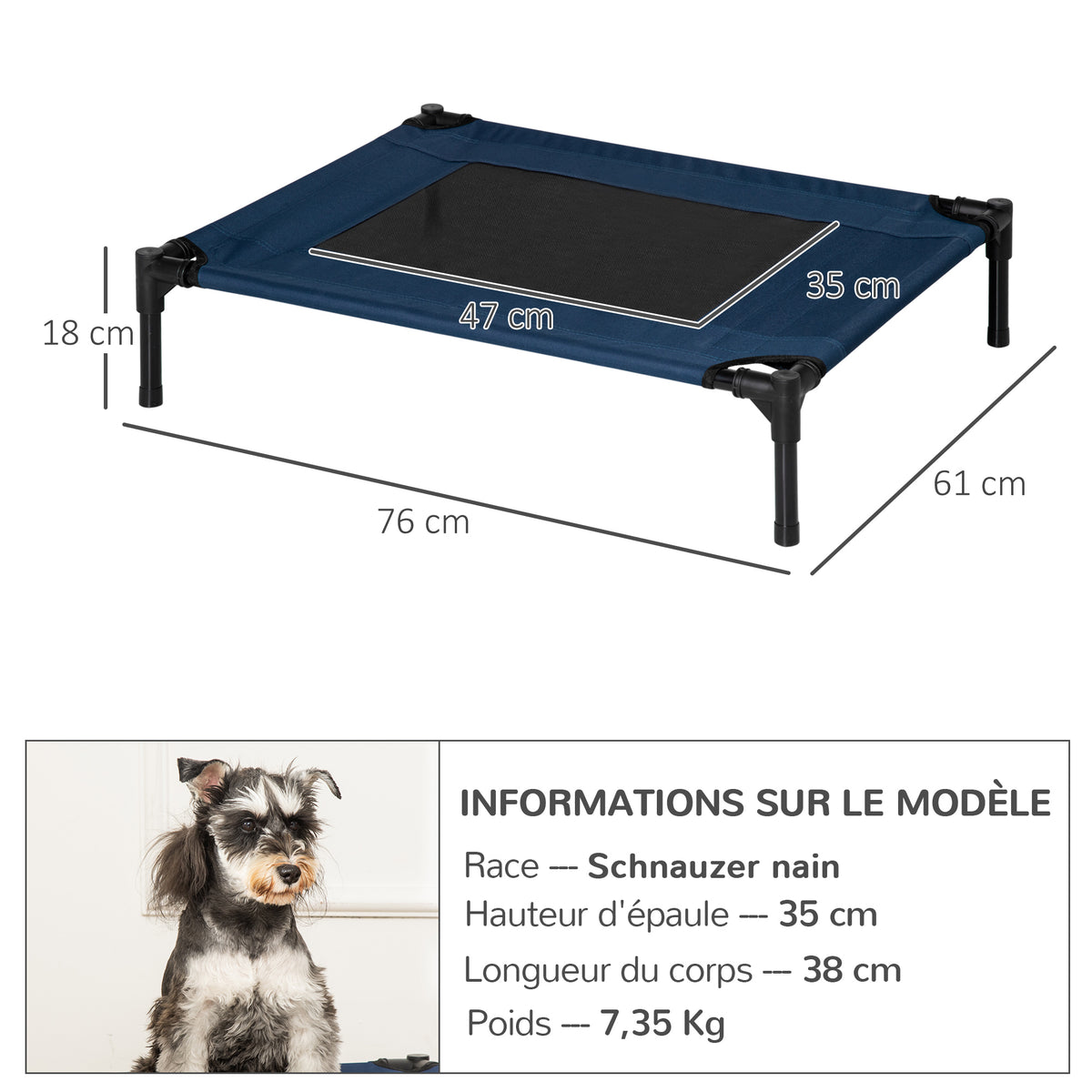 Lit pour chien chat lit de camp grand confort sur pieds tissu oxford textilène micro-perforé 76L x 61l x 18H cm bleu marine noir-2