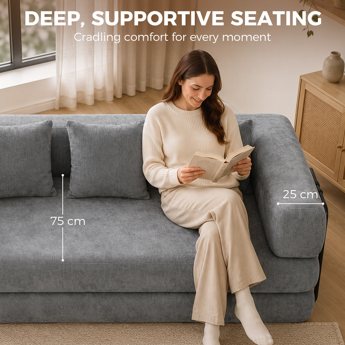 Canapé Convertible 3 Places Compressé 5 en 1, Canapé-Lit en Chenille 205cm, Assise Profonde, 2 Coussins, Gris-7