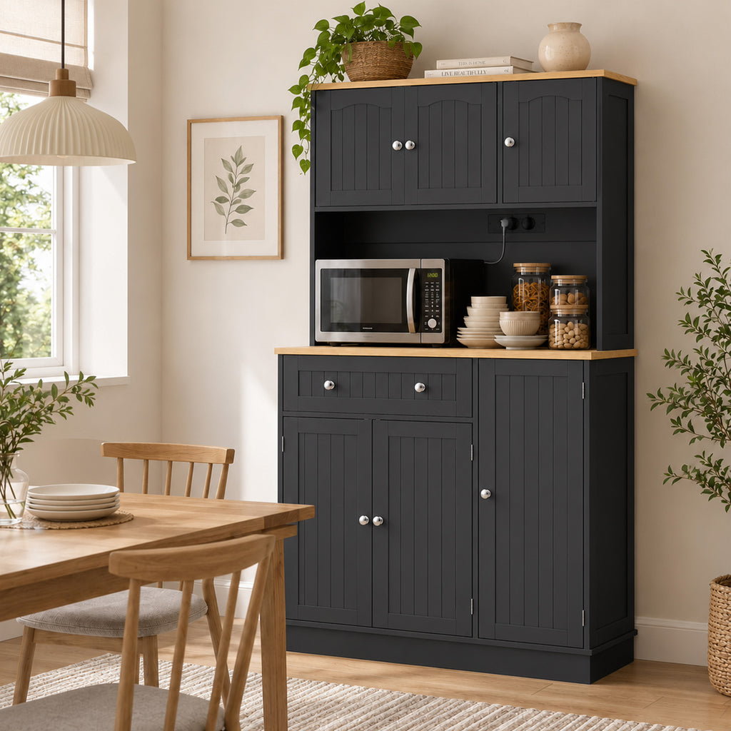 Buffet haut cuisine, armoire de cuisine, station de charge, 6 portes, plan de travail, porte-épices, 100x40x173cm, noir-9