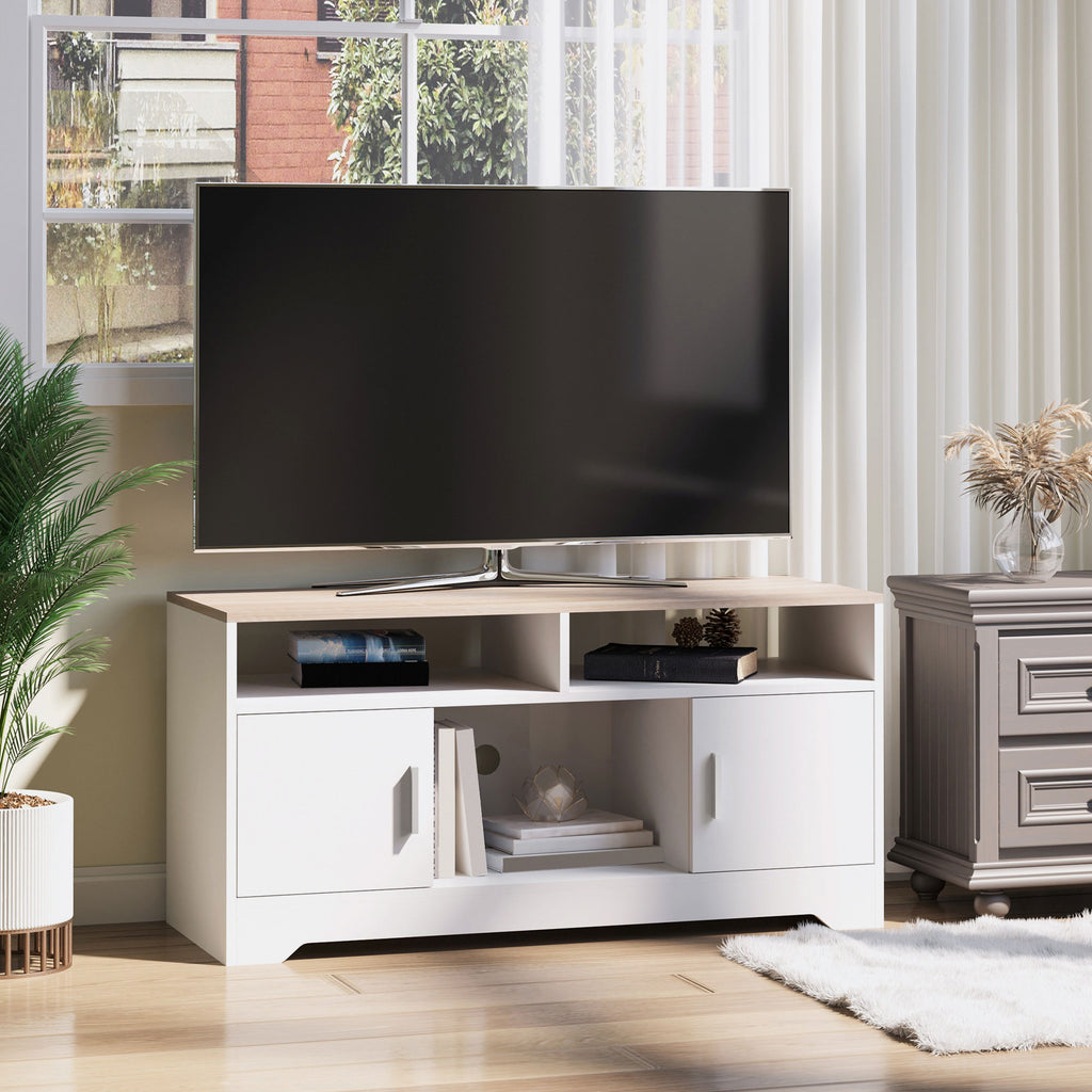 Meuble TV banc TV en bois grand espace de rangement avec 2 compartiments ouverts 2 armoires à porte une armoire ouverte 105 x 40 x 52 cm blanc-9