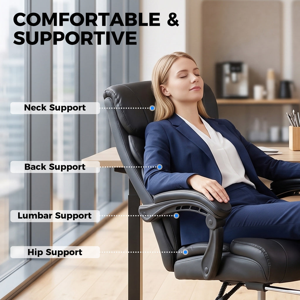 Chaise Bureau Ergonomique Inclinable, Fauteuil de Bureau en PU, Accoudoirs Synchronisés, Hauteur Réglable, Noir-8