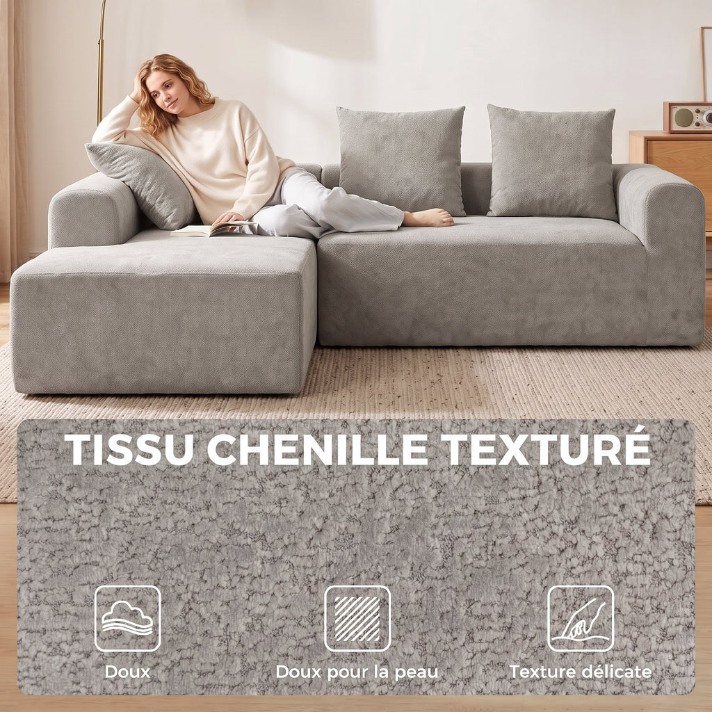 Canapé d'Angle en Chenille, Canapé 3 Places en L 242 cm avec Méridienne, Assise Profonde, Accoudoirs Larges, Gris Clair-6