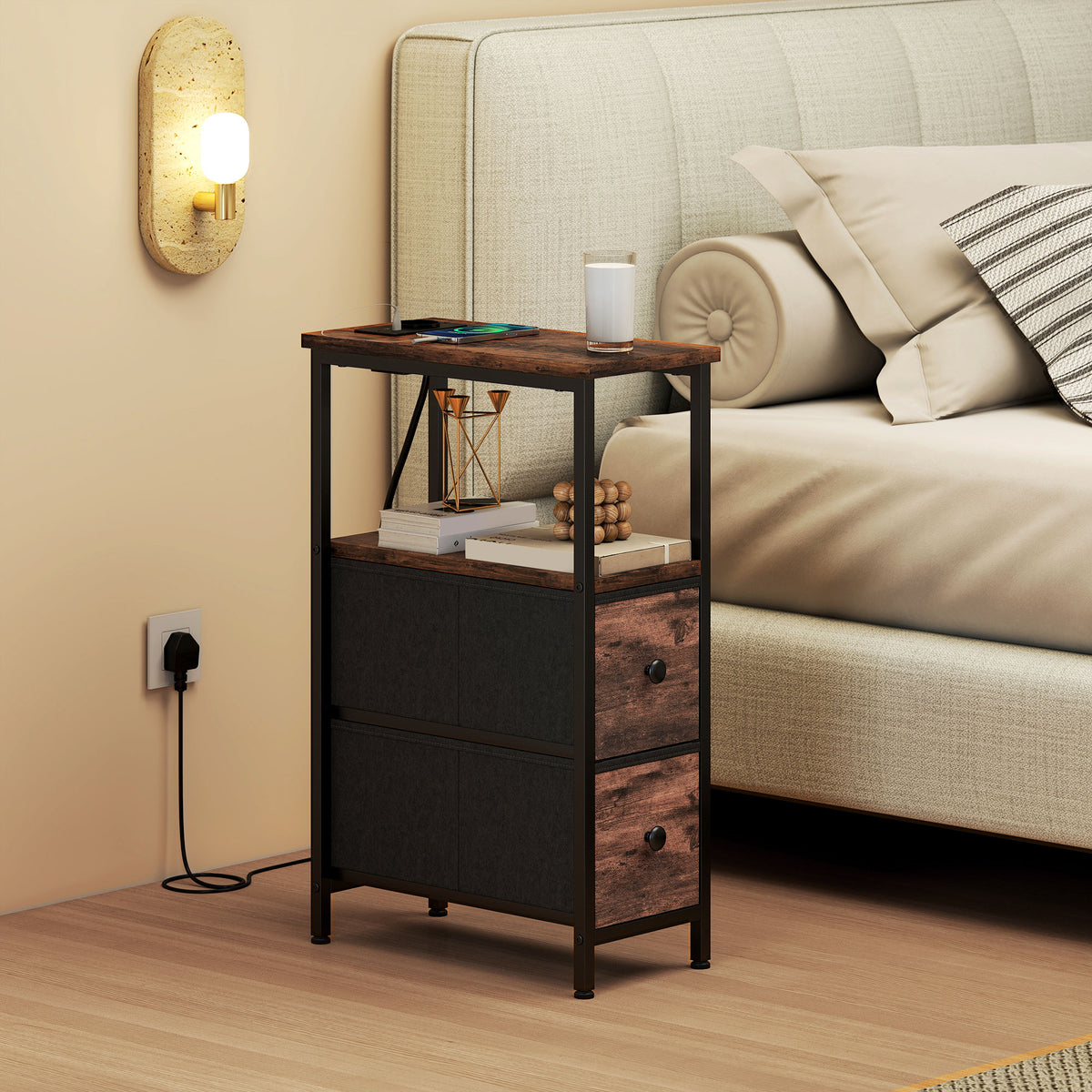 Table d'appoint avec station de charge, table de salon étroite avec 2 tiroirs en tissu, étagère ouverte, brun rustique-8