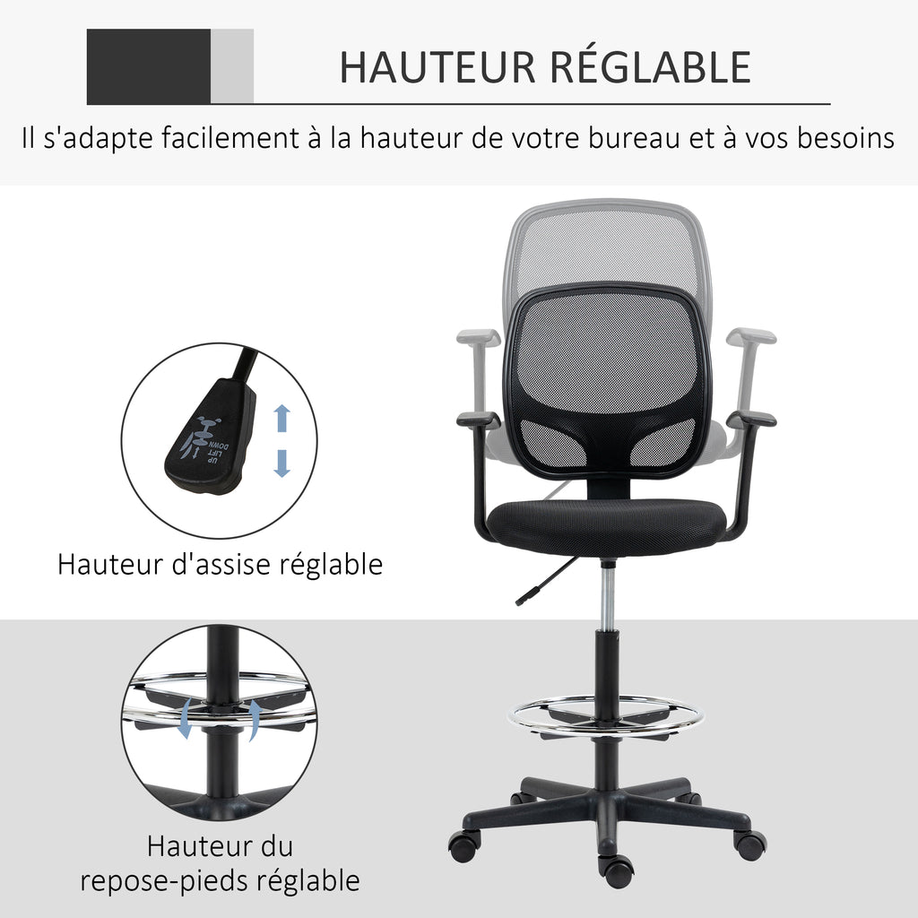Chaise bureau ergonomique, chaise de dessin, repose-pieds, dossier en maille, hauteur réglable, 64x57x110-132cm, noir-3