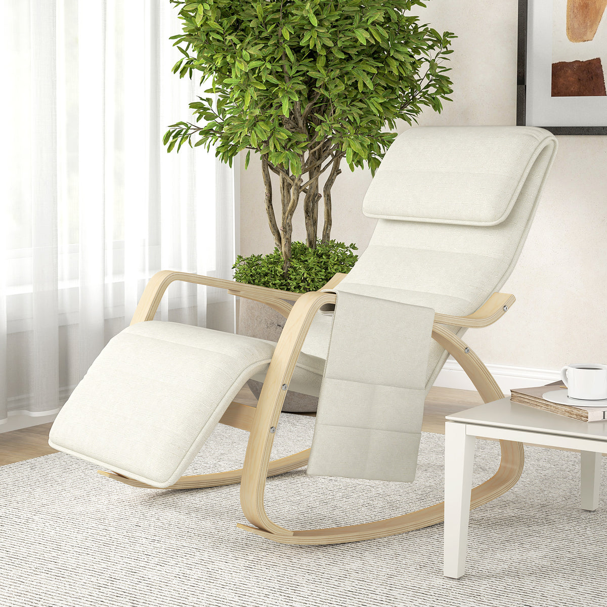Fauteuil relax à bascule fauteuil allaitement avec repose-pieds réglable, poche latérale et appui-tête, blanc crème-6