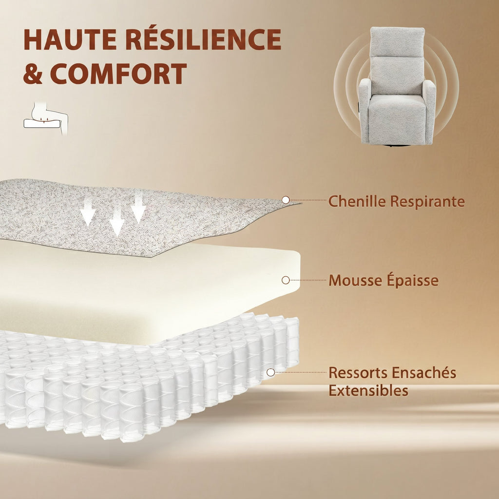 Fauteuil inclinable de massage et chauffage, fauteuil de relaxation en chenille, dossier réglable, pivotant 360°, crème-6