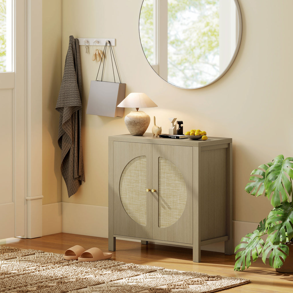 Buffet cuisine, meuble de rangement avec 2 portes effet rotin et étagère réglable, 75 x 38 x 77 cm, bois naturel-7