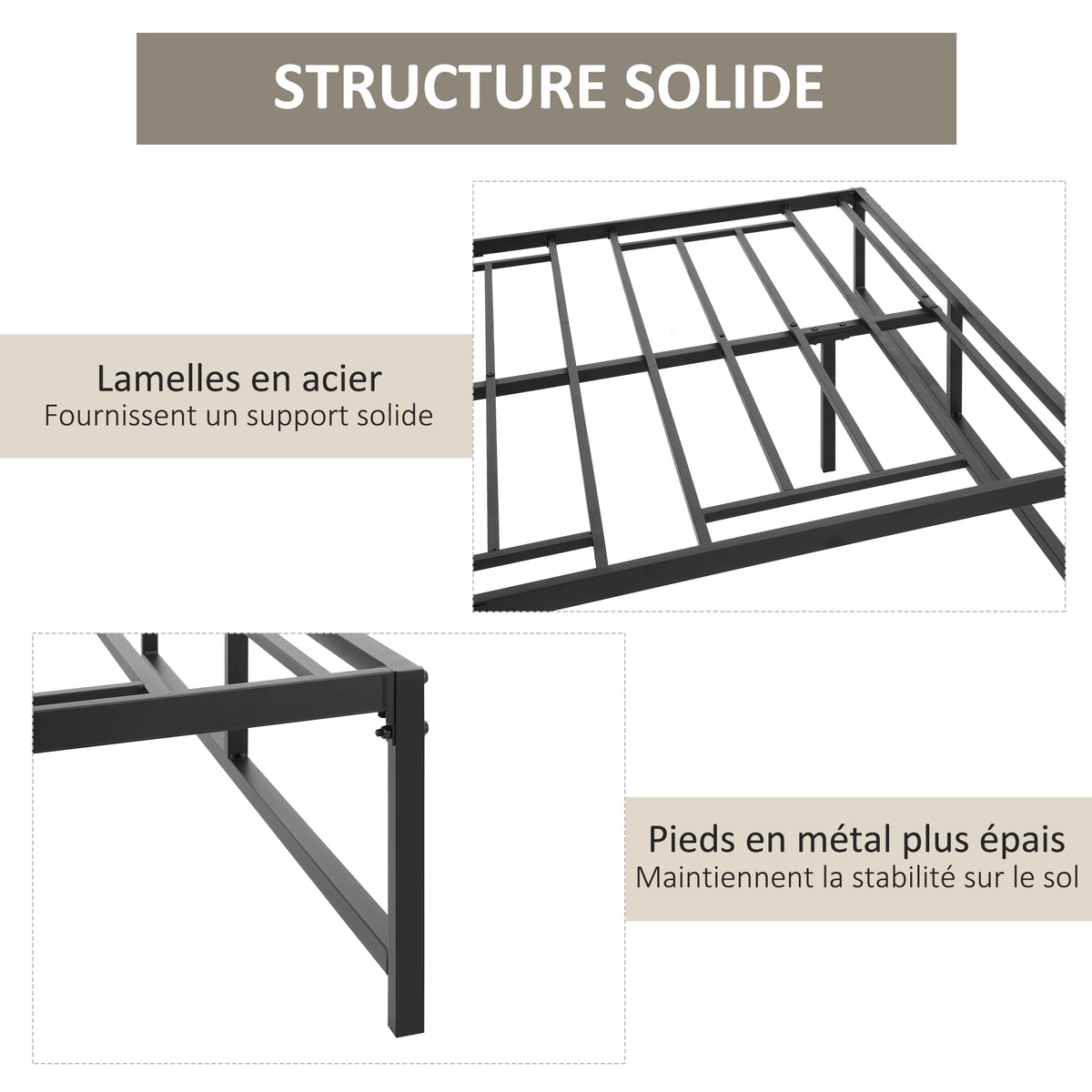 Cadre de lit double 140 x 190 cm, lit double 2 personnes en acier, hauteur 31 cm avec rangement, sommier à lattes, noir-5