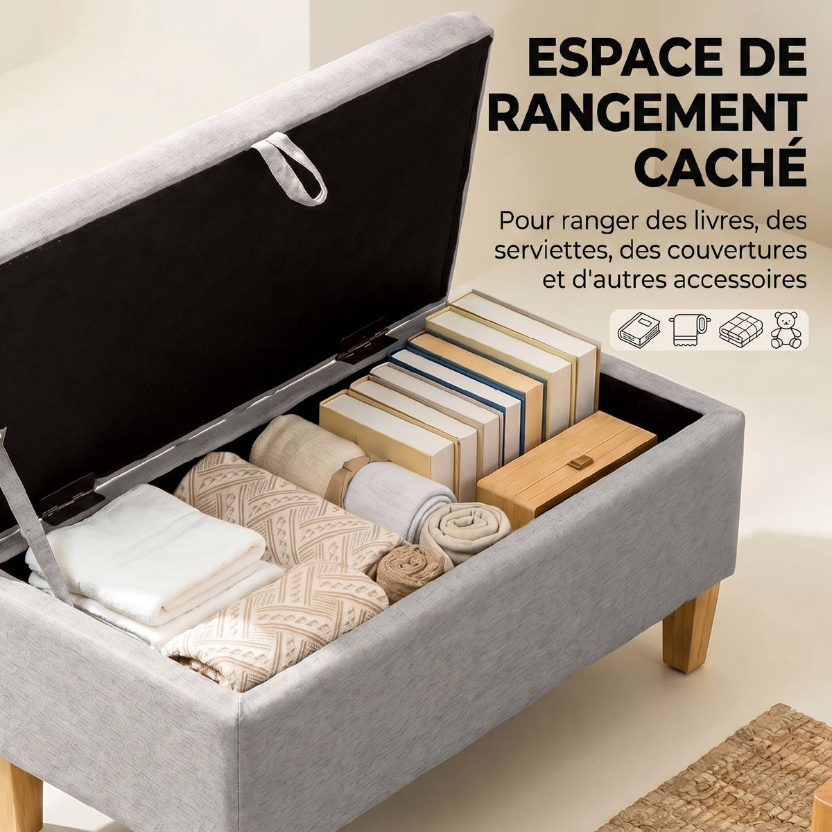 Banc de rangement, bout de lit, repose-pieds rembourré en lin avec pieds en bois de caoutchouc, 71x37x36cm, gris clair-3