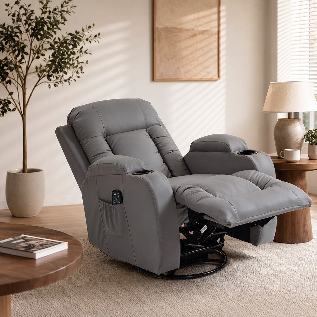 Fauteuil Inclinable de Massage et Chauffage, Fauteuil de Relaxation, Dossier Réglable, Pivotant, 82x99x103cm, Gris Clair-7