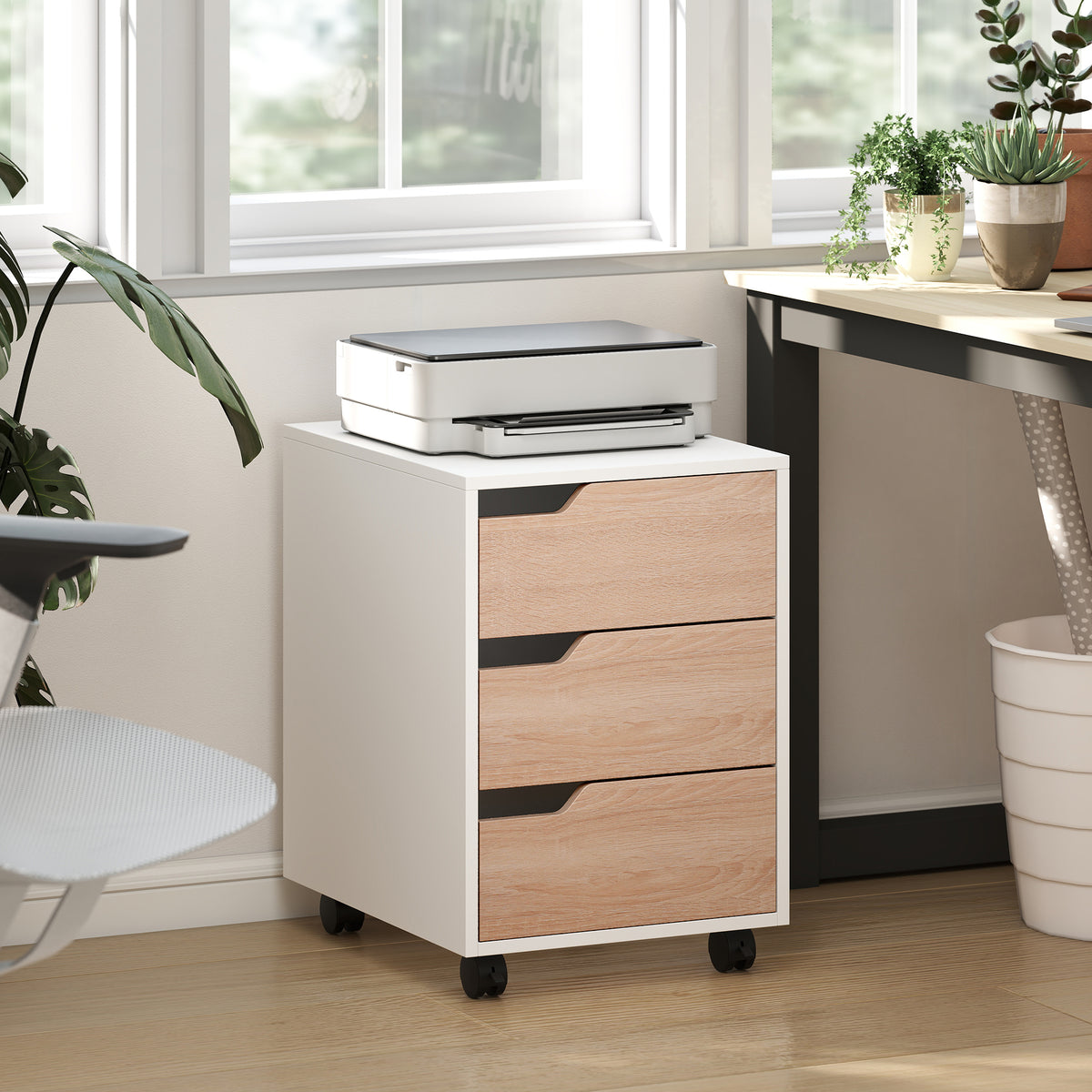 Caisson bureau mobile, meuble rangement bureau sur roulettes, 3 tiroirs, 40x50x57,5cm, blanc et chêne-9