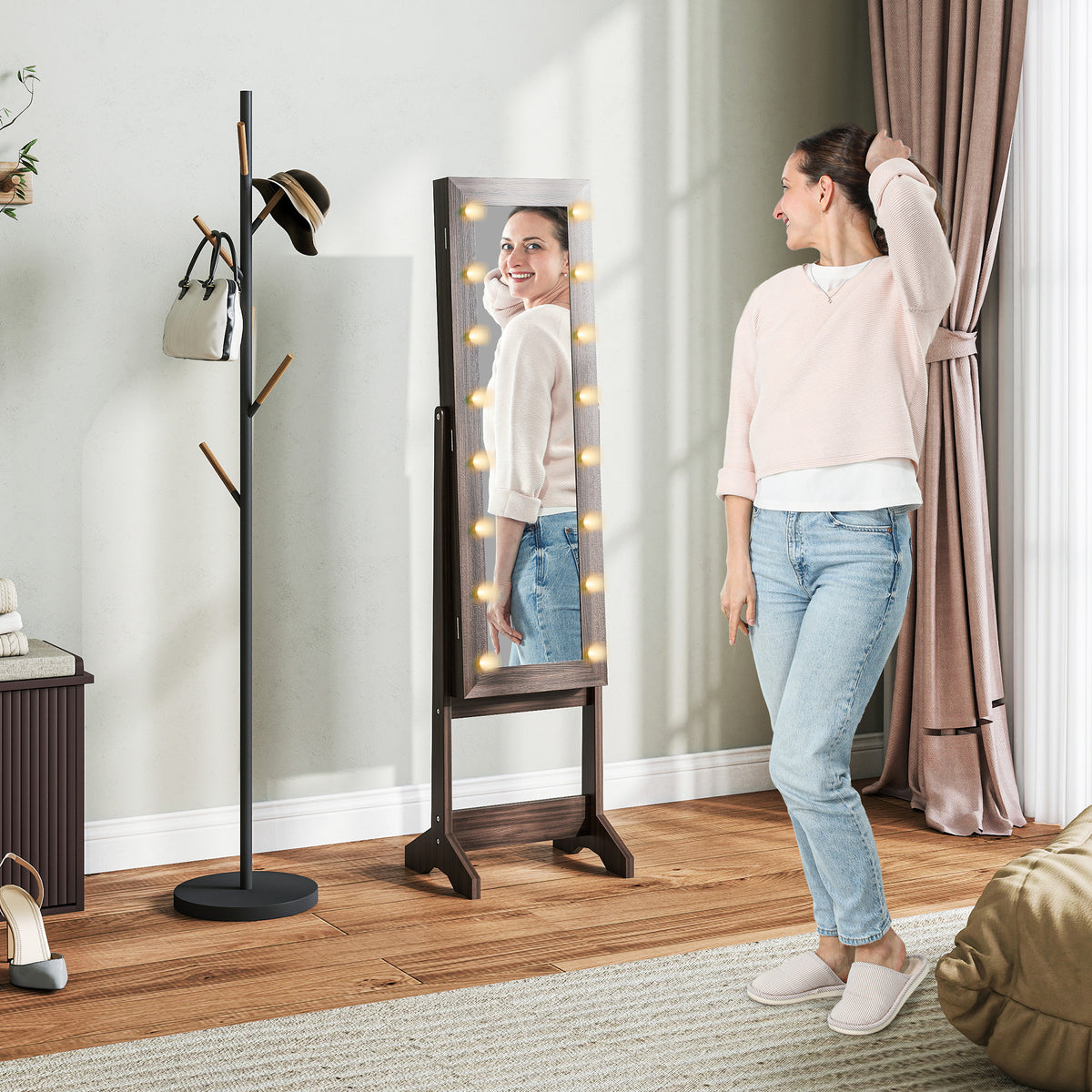 Armoire à Bijoux, Armoire de Rangement sur Pieds, Boîte à Bijoux avec Miroir Multi-Rangements Éclairage LED Marron Foncé-9