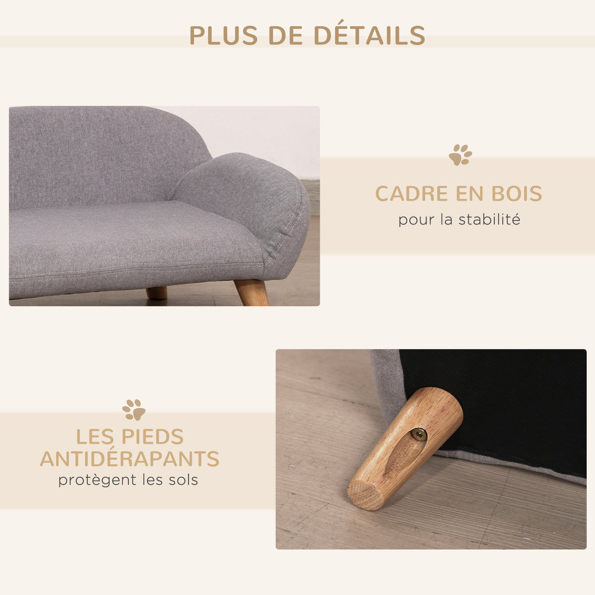 Canapé pour chien canapé pour animal de compagnie pieds effilés en bois revêtement tissu 72 x 44 x 31 cm - gris-6