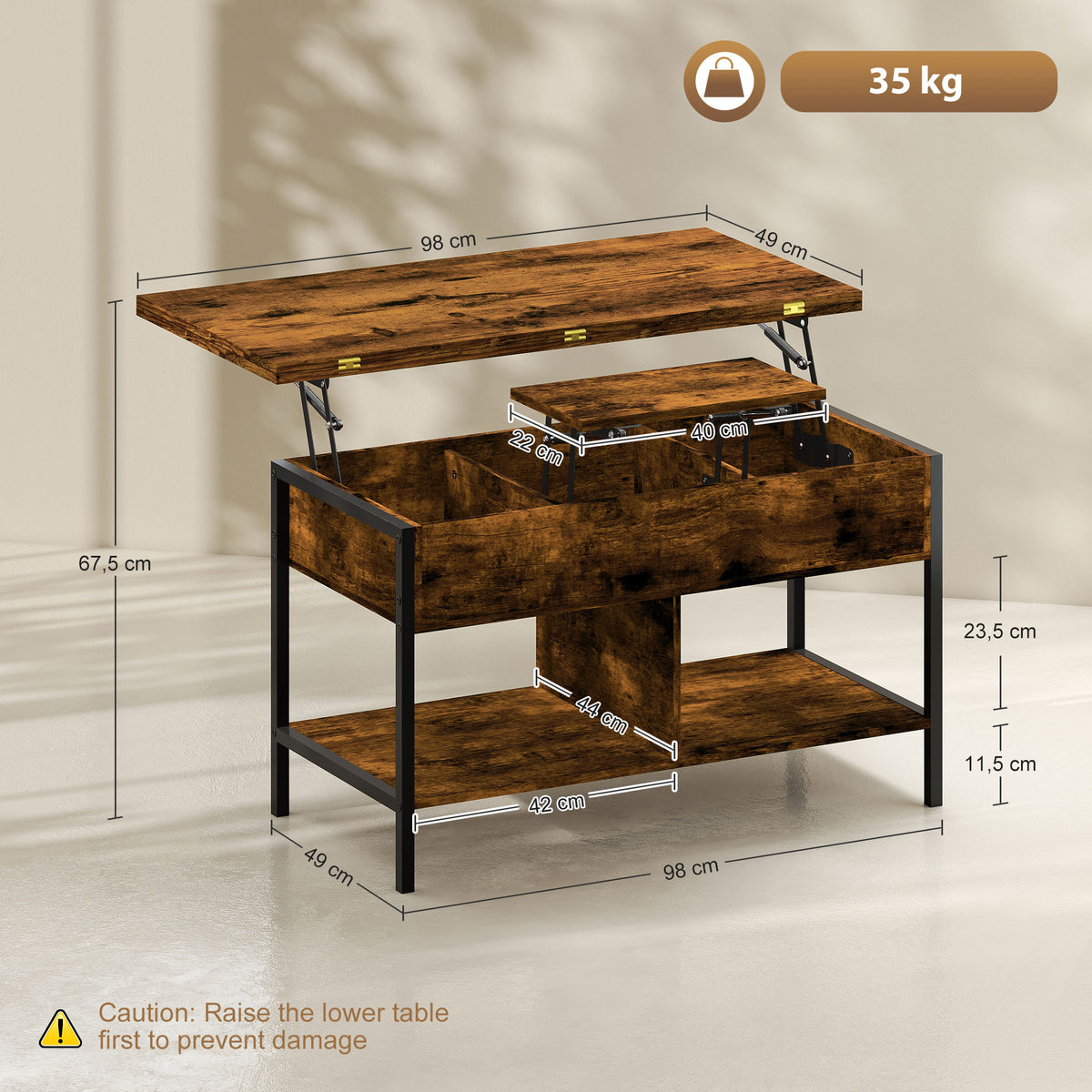 Table basse relevable et extensible, table de salon avec compartiment caché étagères ouvertes, 98x49x55cm, brun rustique-2